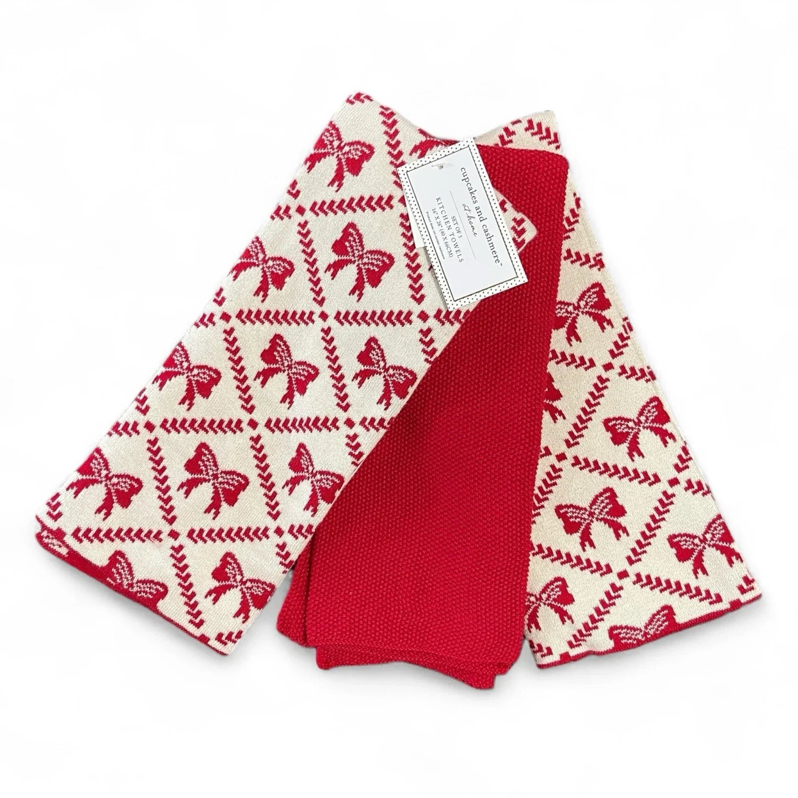 Cupcakes and Cashmere Kitchen Towel Set - Heavy Knit Sweater Red Christmas Bows - Trendiez U ♥