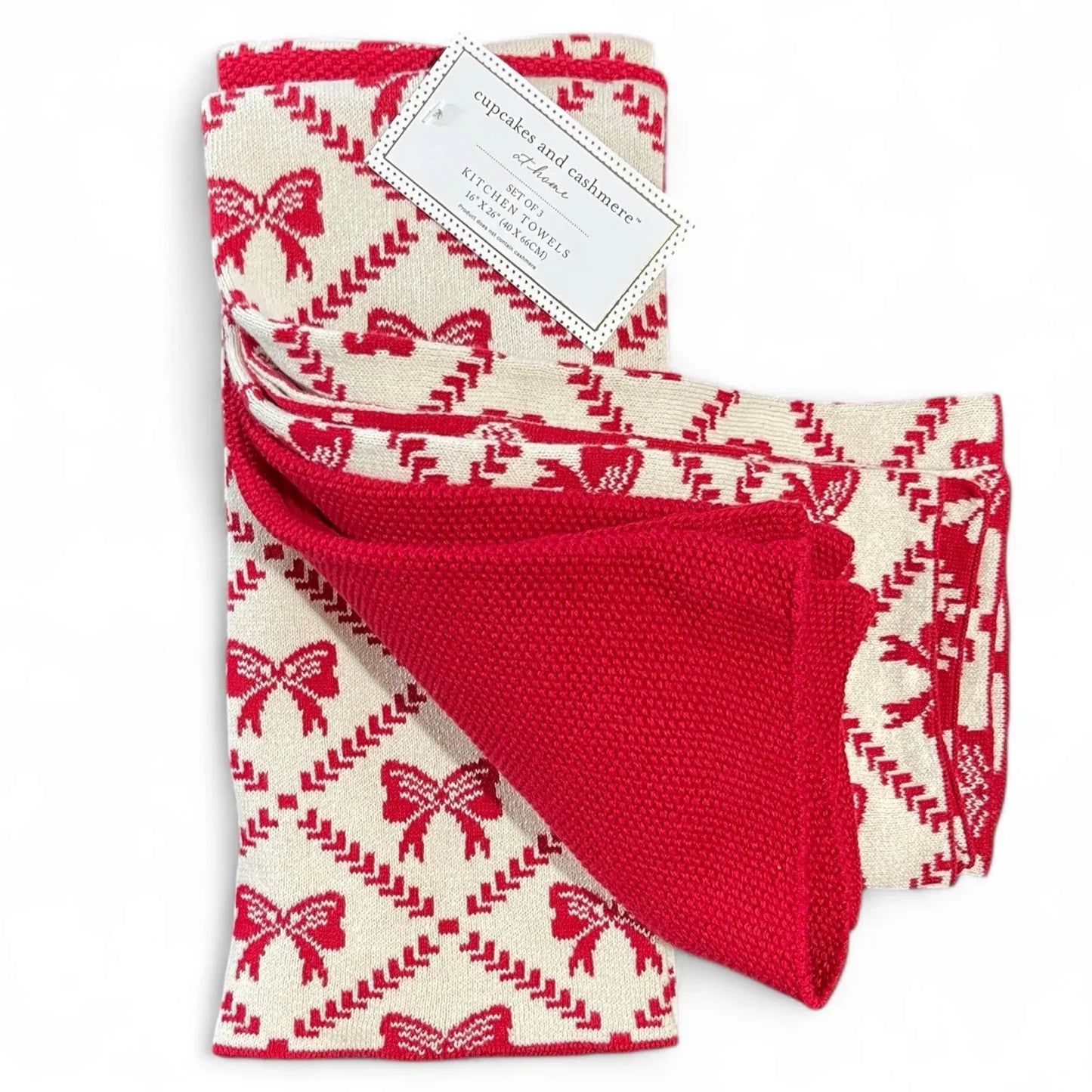 Cupcakes and Cashmere Kitchen Towel Set - Heavy Knit Sweater Red Christmas Bows - Trendiez U ♥