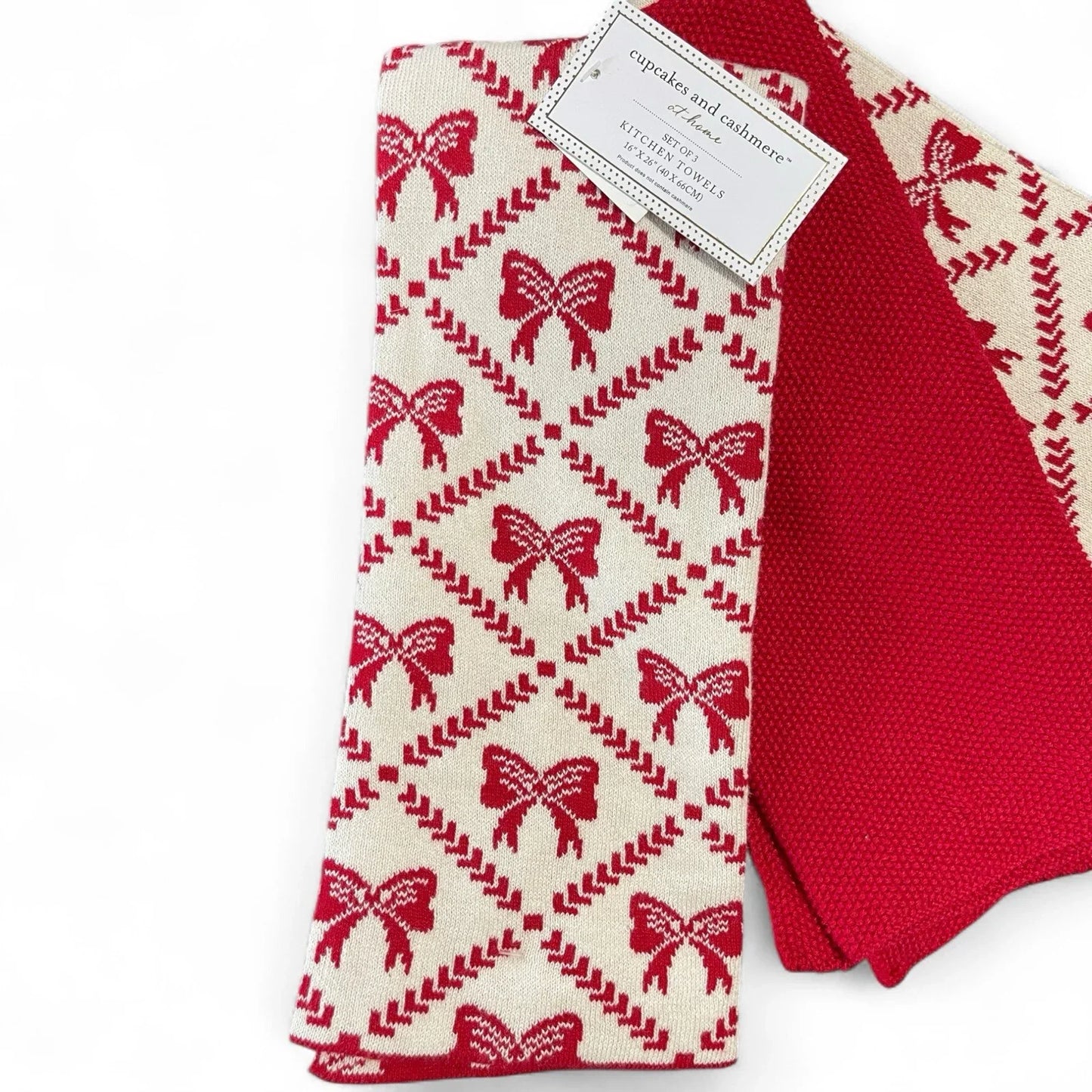 Cupcakes and Cashmere Kitchen Towel Set - Heavy Knit Sweater Red Christmas Bows - Trendiez U ♥