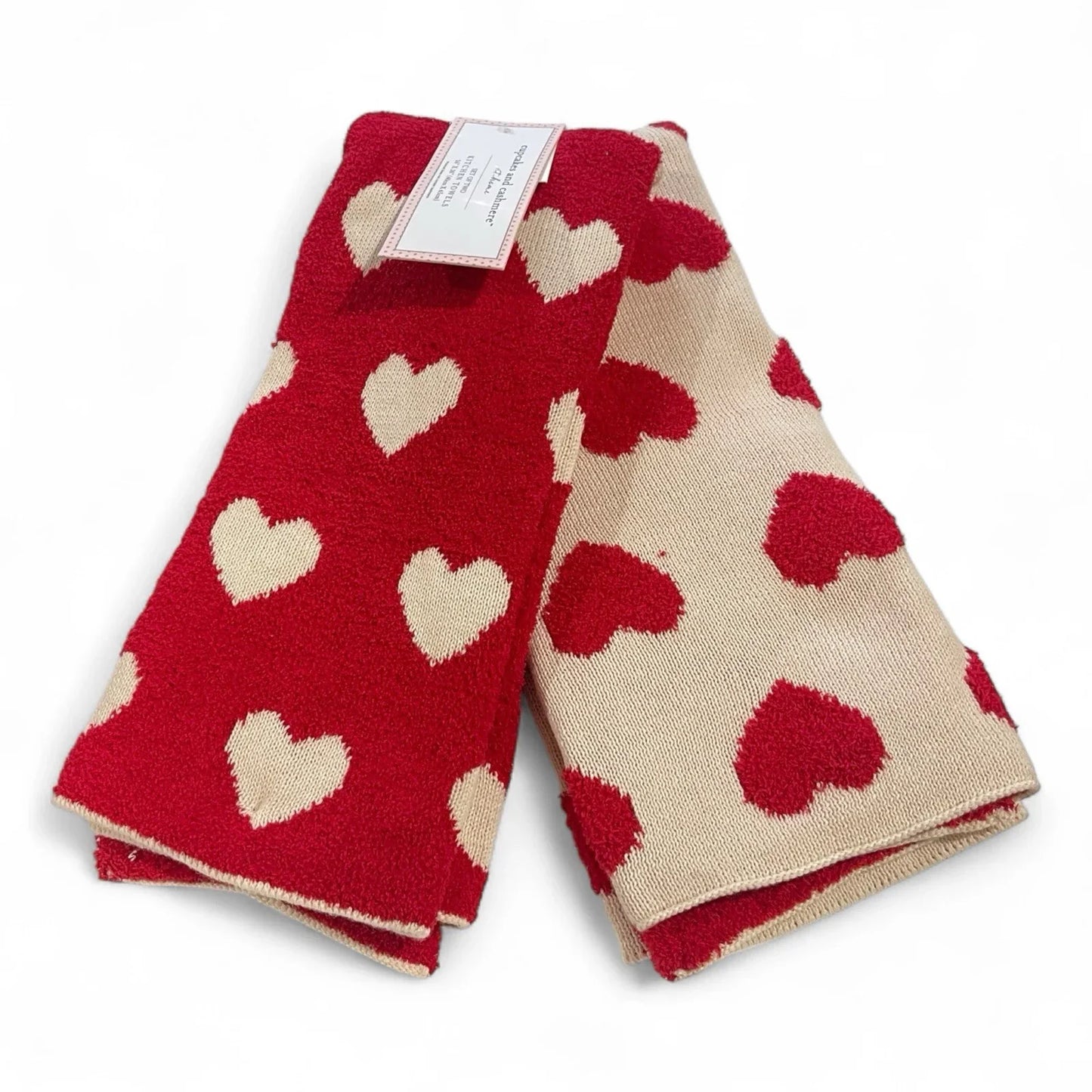 Cupcakes and Cashmere Kitchen Towels – 2-Pack Red & Cream Heart Knit - Trendiez U ♥
