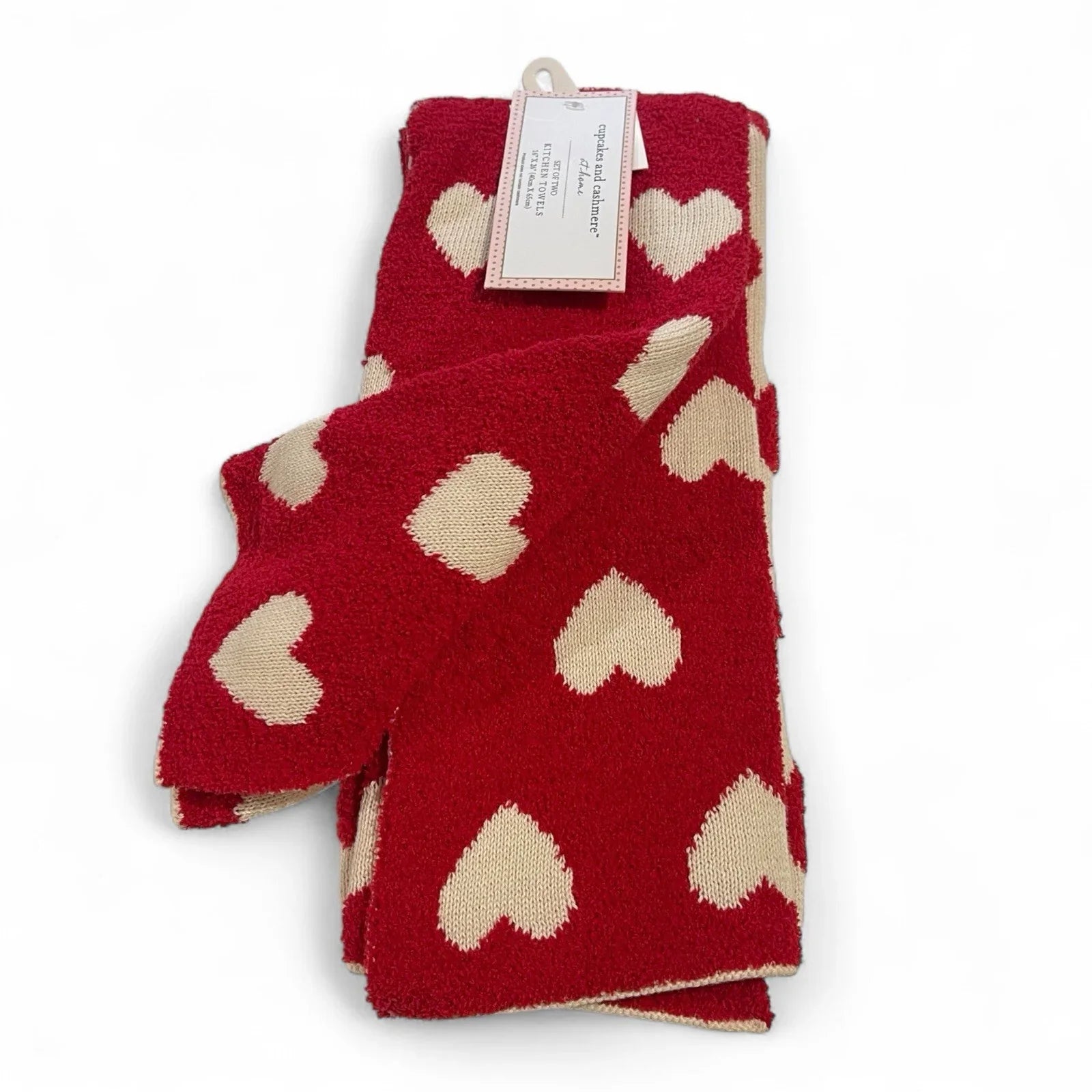 Cupcakes and Cashmere Kitchen Towels – 2-Pack Red & Cream Heart Knit - Trendiez U ♥