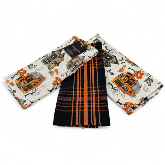 Cynthia Rowley Halloween Kitchen Towels, Haunted Houses Black and Orange, 100% Cotton - Trendiez U ♥