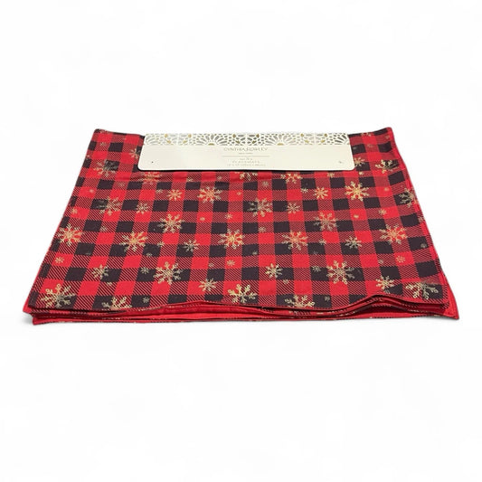Cynthia Rowley Plaid Placemats Red/Black/Gold Metallic Snowflakes 4PC - Trendiez U ♥