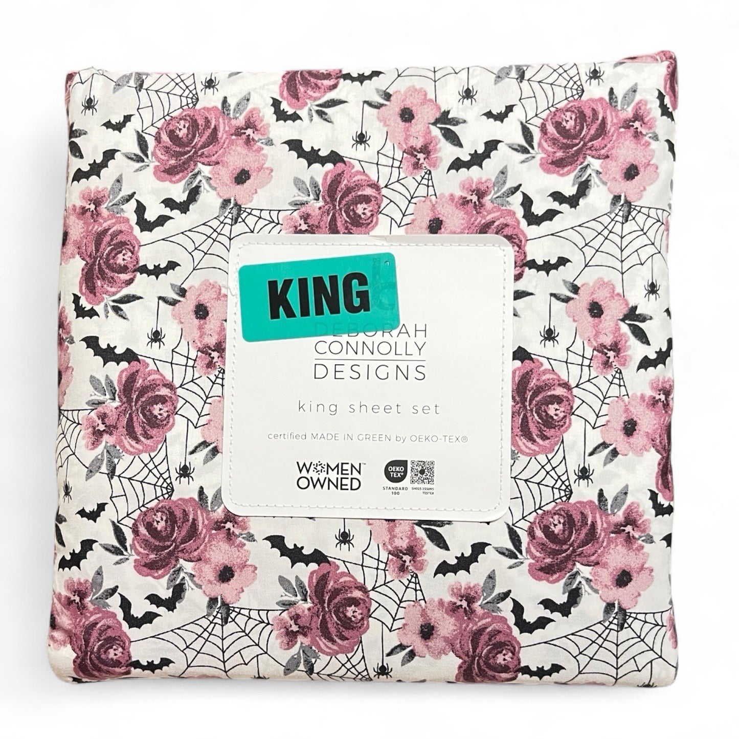 Deborah Connolly Design KING Sheet Set Purple Floral Spider Bat Halloween Theme - Trendiez U ♥