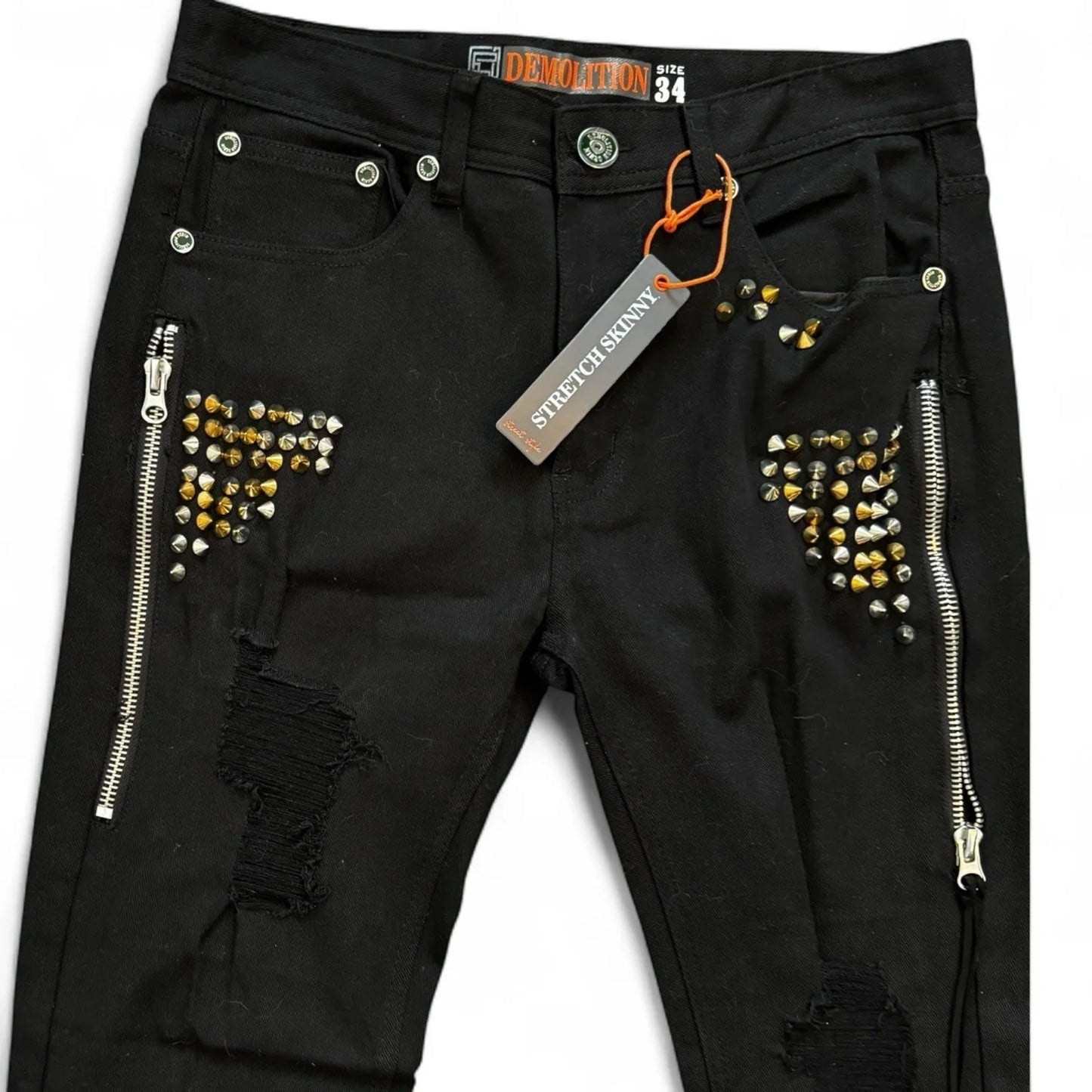 Demolition Men’s Jeans – Black Moto Studden Slim 34x32 - Trendiez U ♥