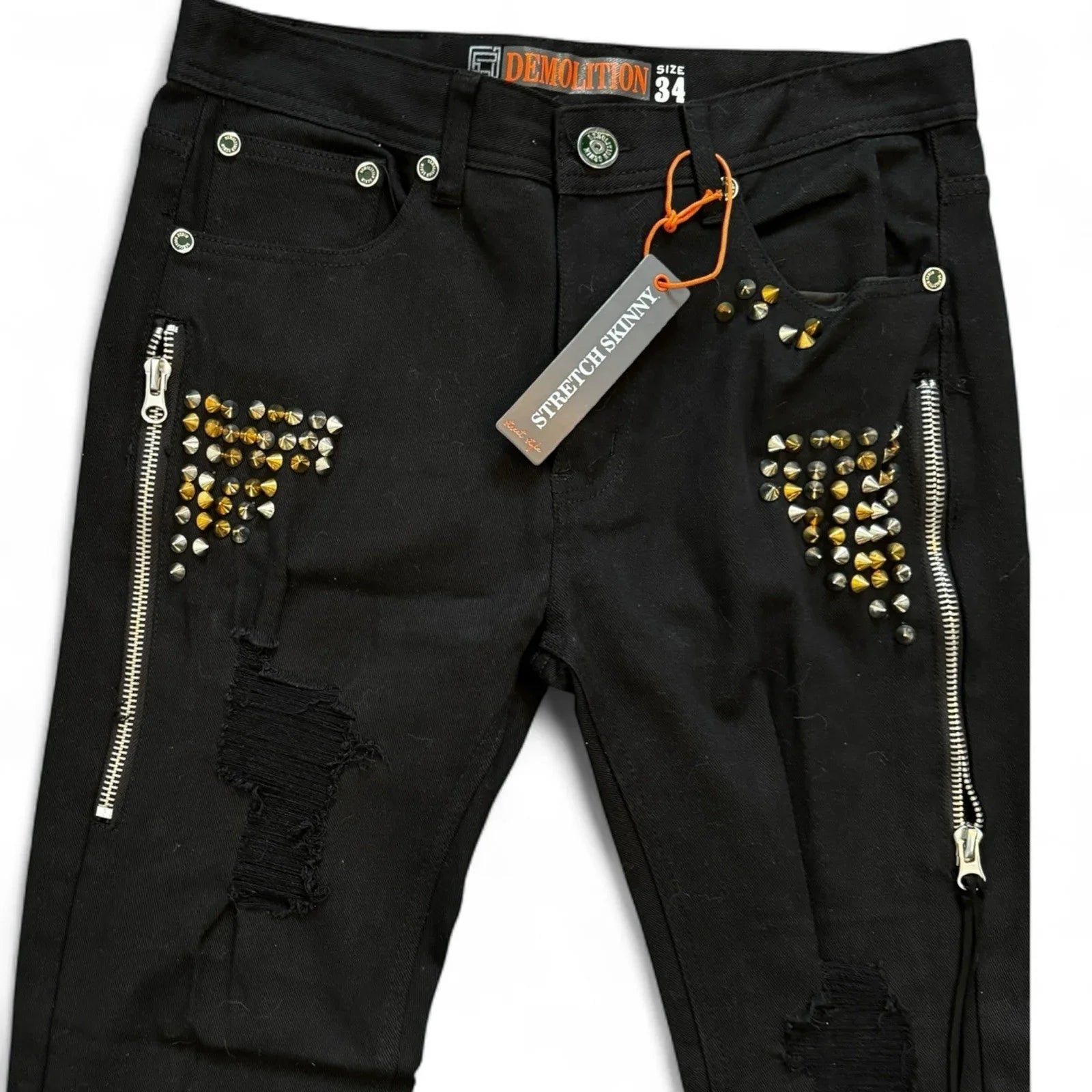 Demolition Men’s Jeans – Black Moto Studden Slim 34x32 - Trendiez U ♥