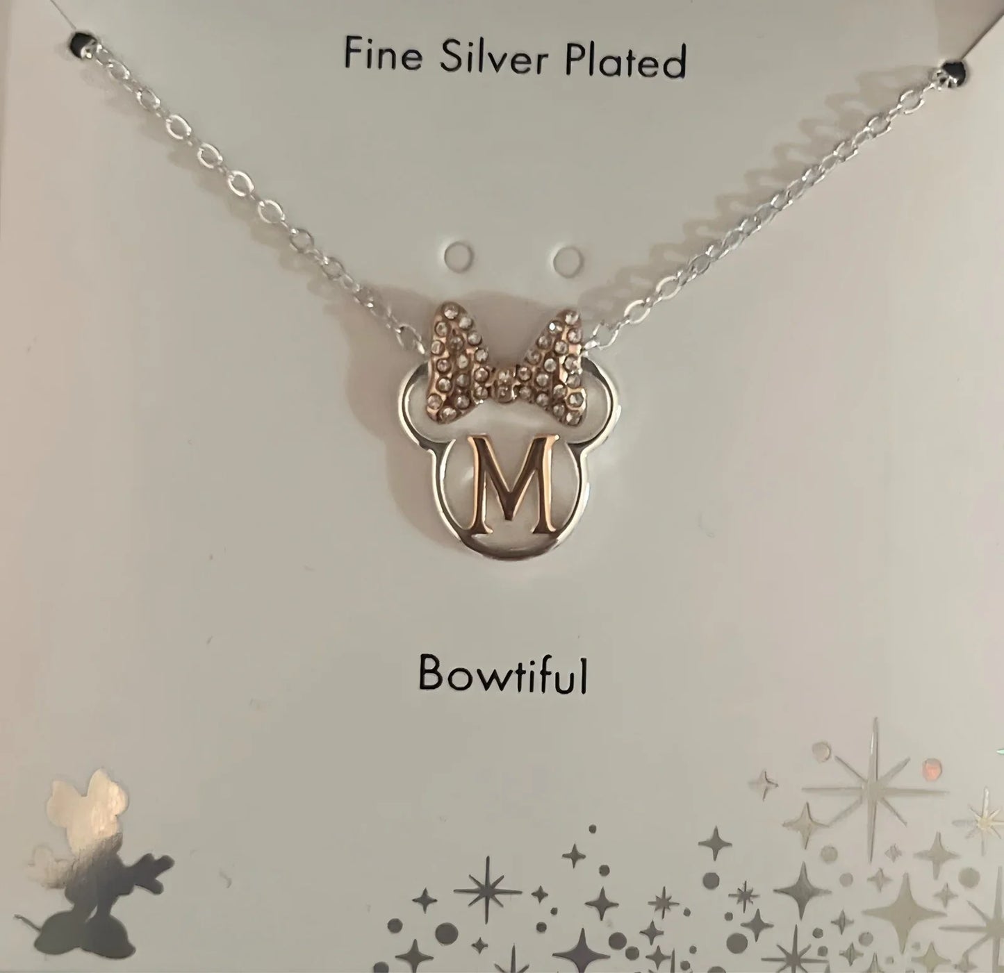 Disney Minnie Mouse “M” Necklace Fine Silver Plated Crystals Rose Gold 🆓📦 - Trendiez U ♥