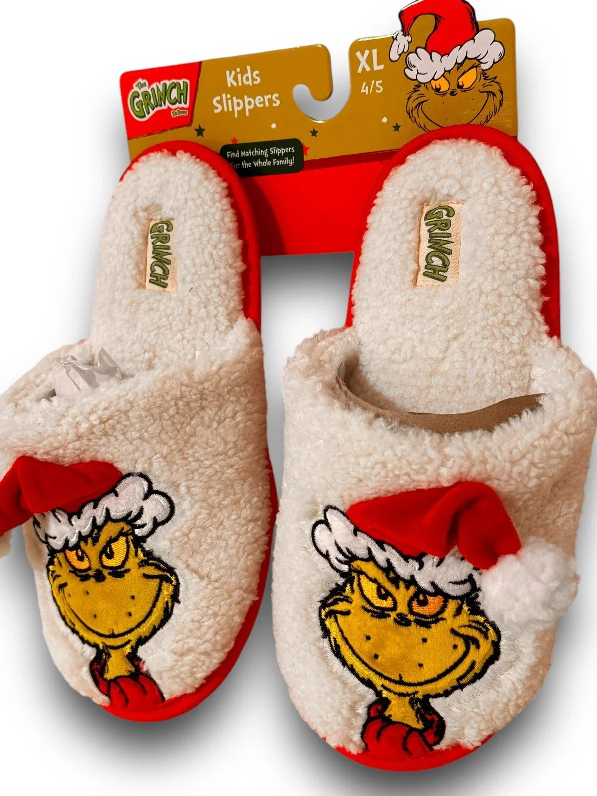 Dr Seuss Grinch White Red Christmas Santa Hat Slippers Kids XL 4/5 - Trendiez U ♥