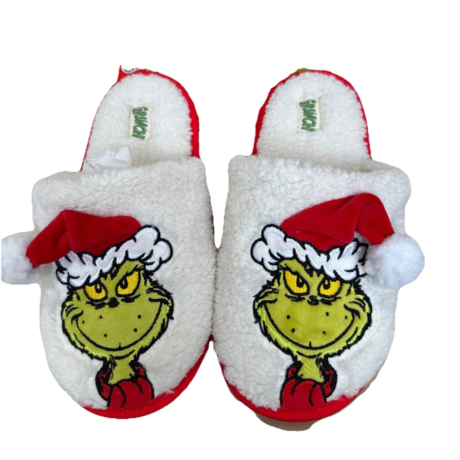 Dr Seuss Grinch White Red Christmas Santa Hat Slippers Kids XL 4/5 - Trendiez U ♥