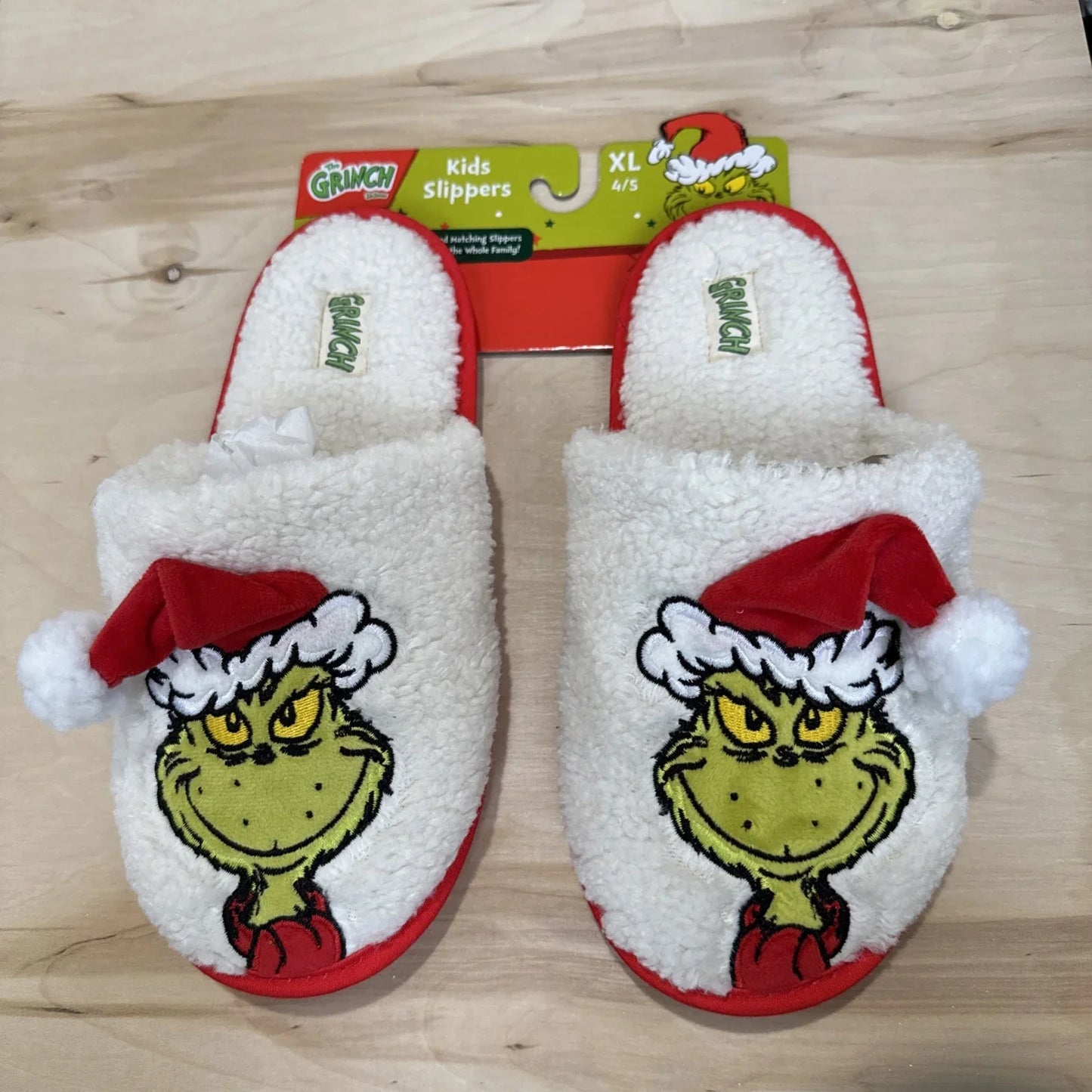 Dr Seuss Grinch White Red Christmas Santa Hat Slippers Kids XL 4/5 - Trendiez U ♥