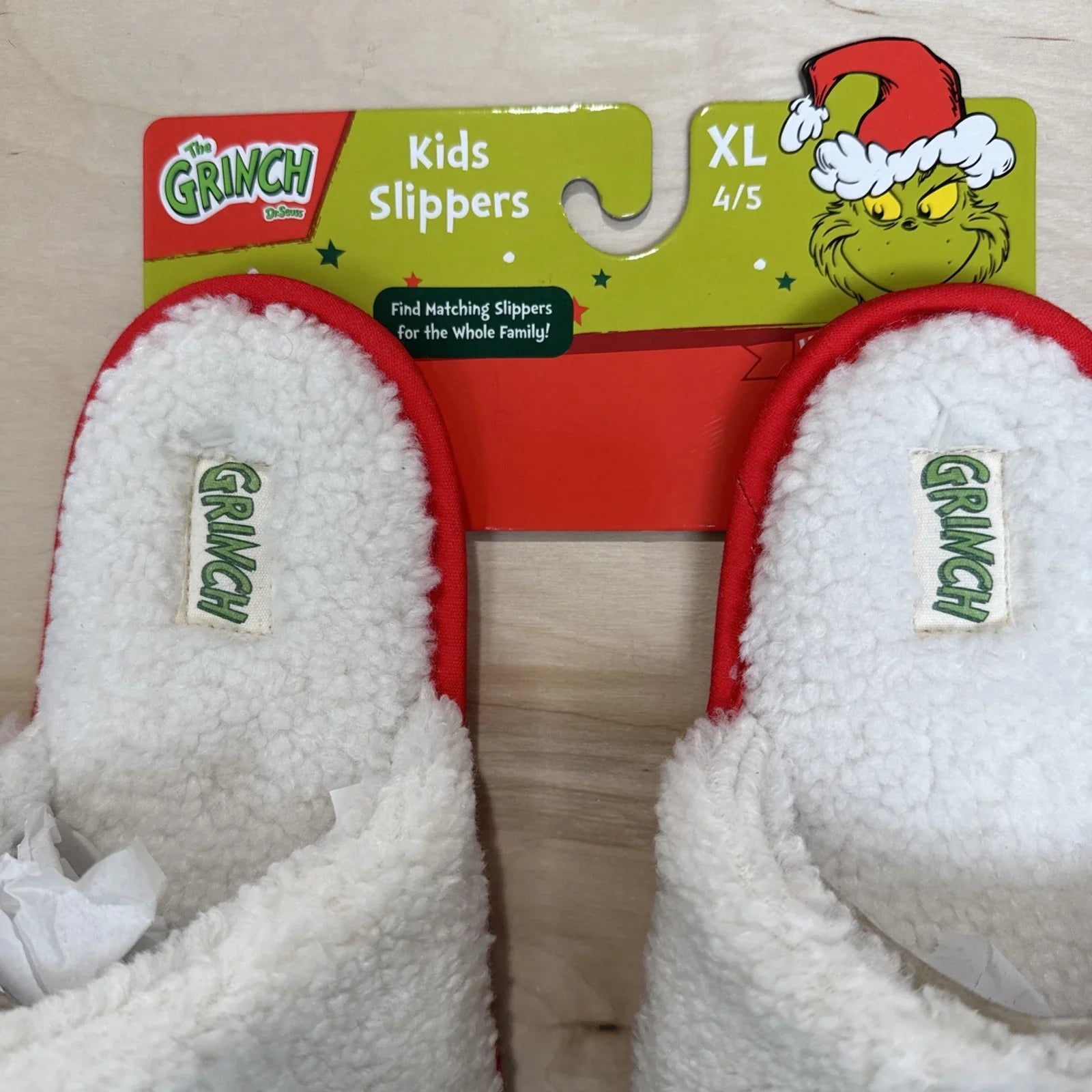 Dr Seuss Grinch White Red Christmas Santa Hat Slippers Kids XL 4/5 - Trendiez U ♥