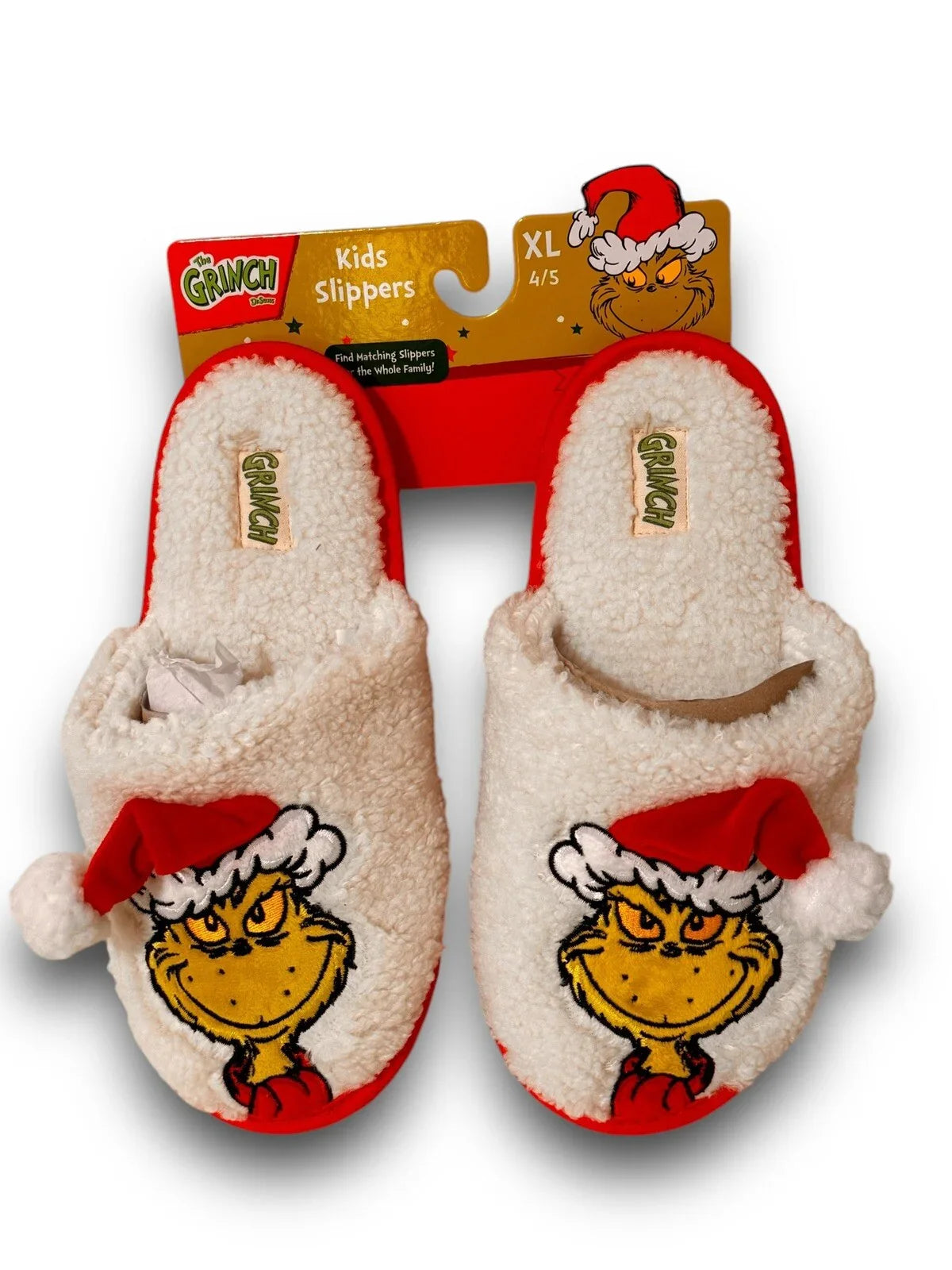 Dr Seuss Grinch White Red Christmas Santa Hat Slippers Kids XL 4/5 - Trendiez U ♥