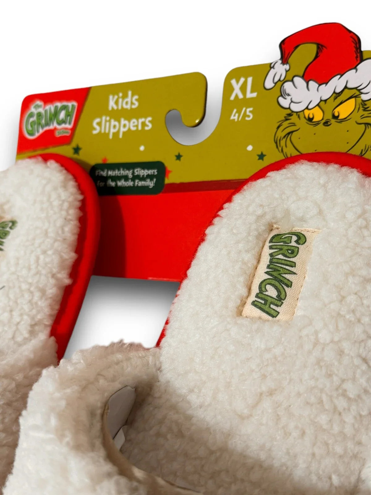Dr Seuss Grinch White Red Christmas Santa Hat Slippers Kids XL 4/5 - Trendiez U ♥