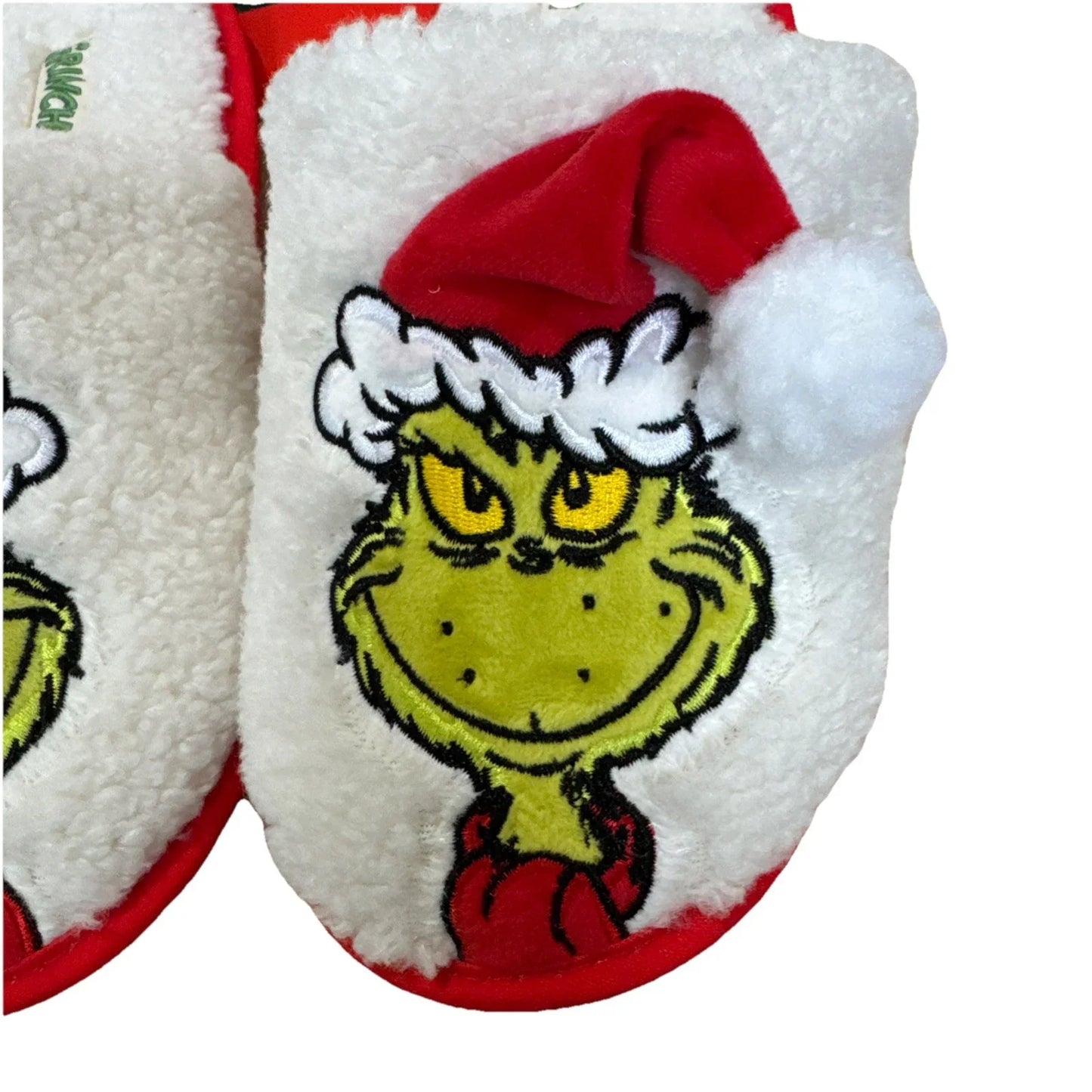 Dr Seuss Grinch White Red Christmas Santa Hat Slippers Kids XL 4/5 - Trendiez U ♥