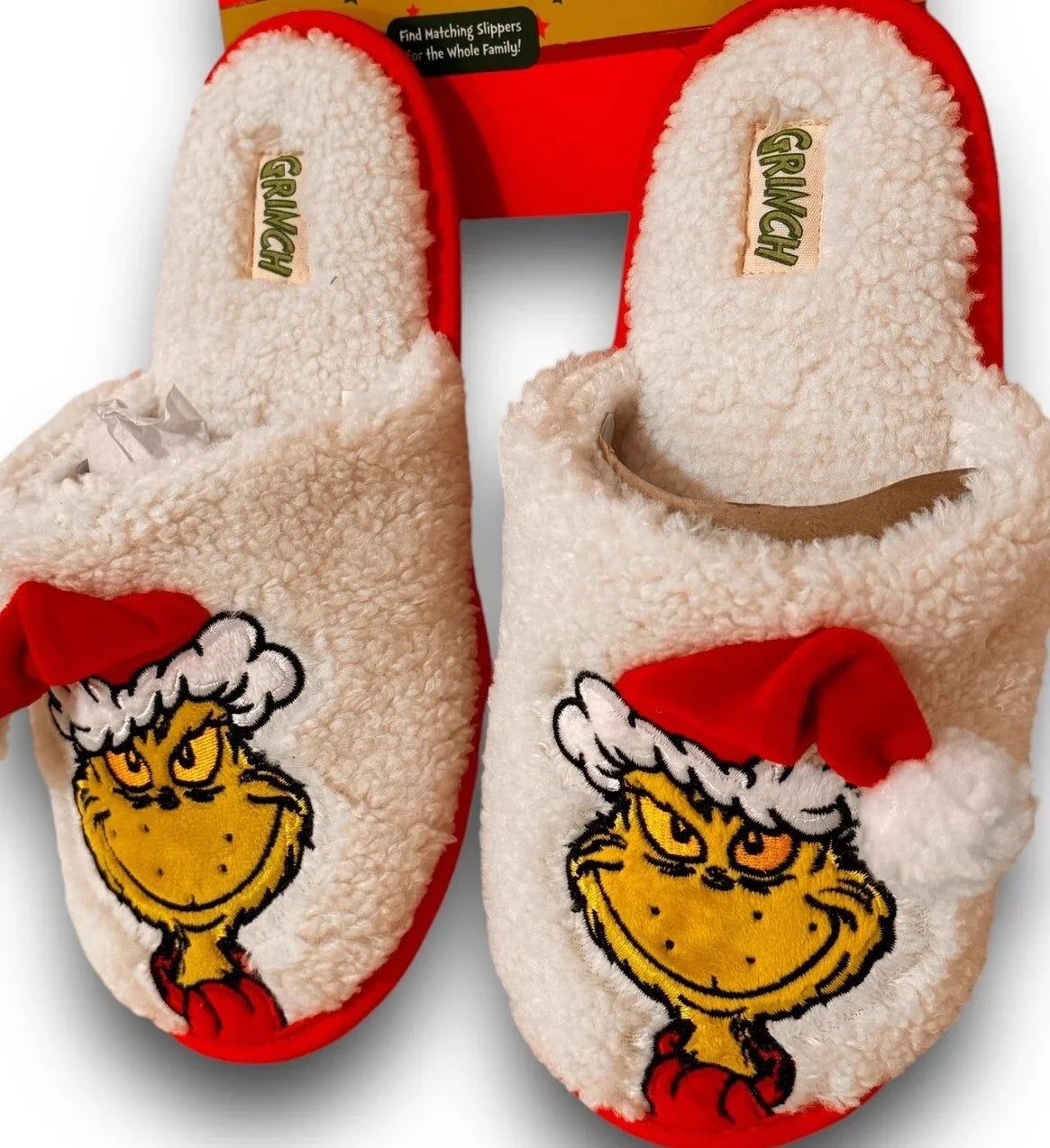 Dr Seuss Grinch White Red Christmas Santa Hat Slippers Kids XL 4/5 - Trendiez U ♥