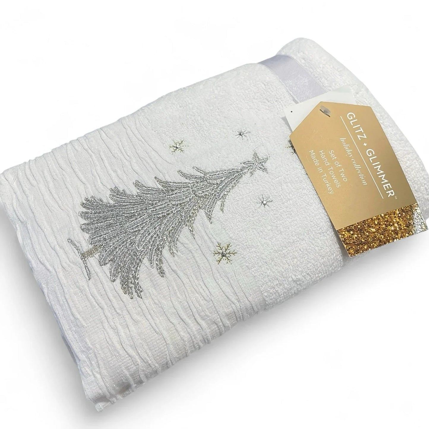 Glitz+Glimmer Christmas Hand Towels Silver/Gold Rhinestones Embroidered Turkish - Trendiez U ♥