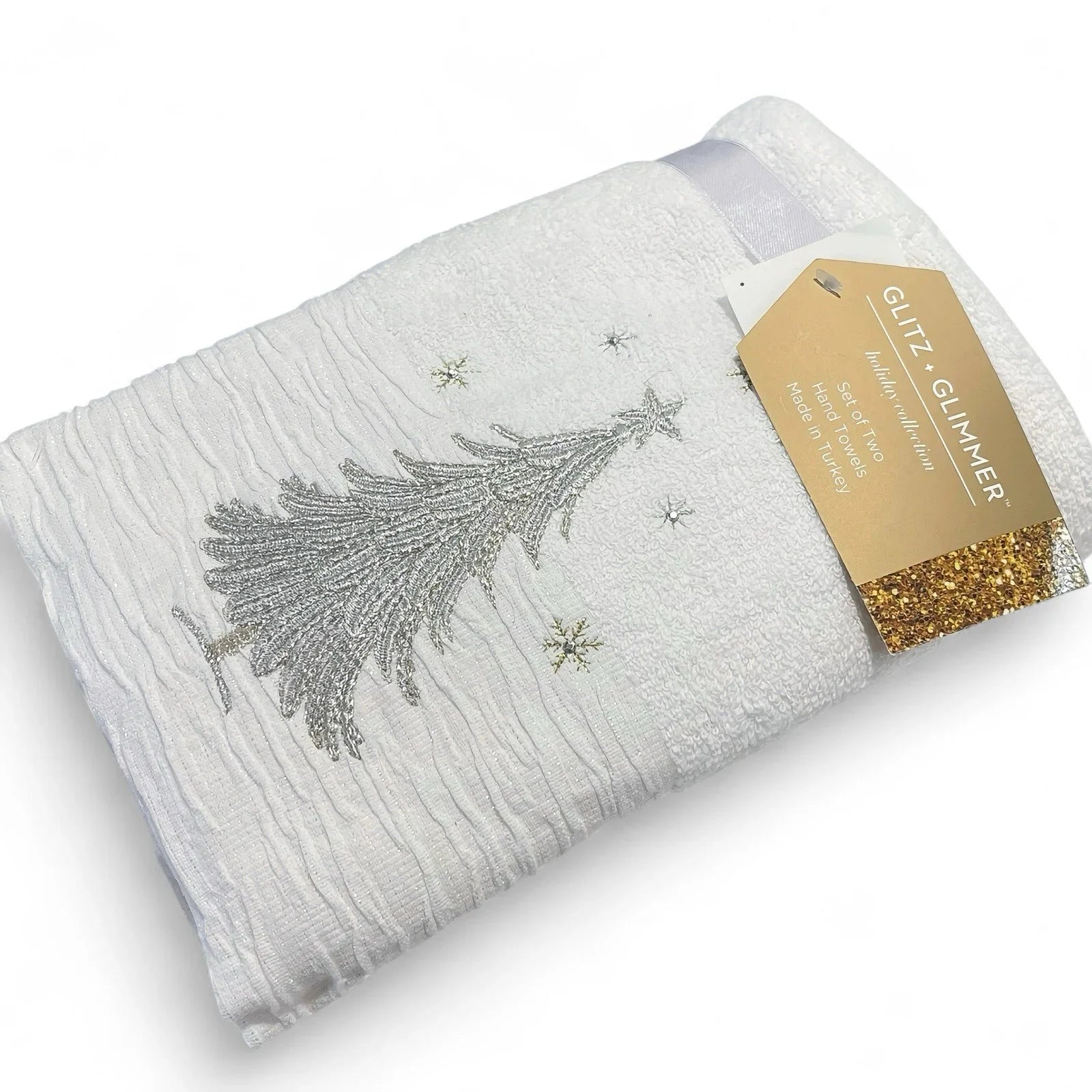 Glitz+Glimmer Christmas Hand Towels Silver/Gold Rhinestones Embroidered Turkish - Trendiez U ♥