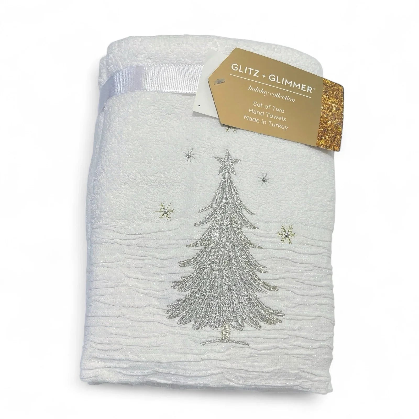 Glitz+Glimmer Christmas Hand Towels Silver/Gold Rhinestones Embroidered Turkish - Trendiez U ♥