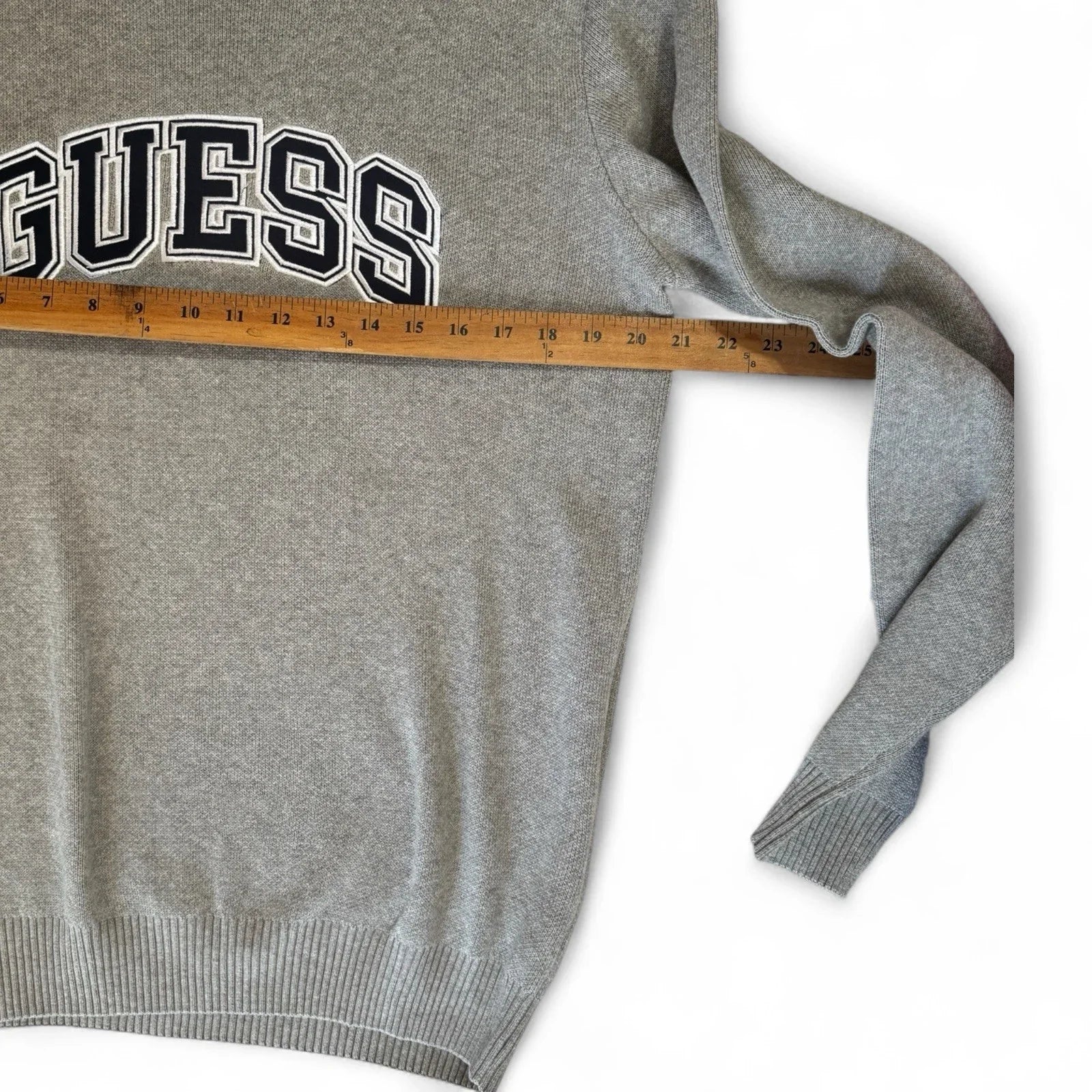 Guess Men’s Cotton Sweater – Gray with Navy Logo, Medium - Trendiez U ♥