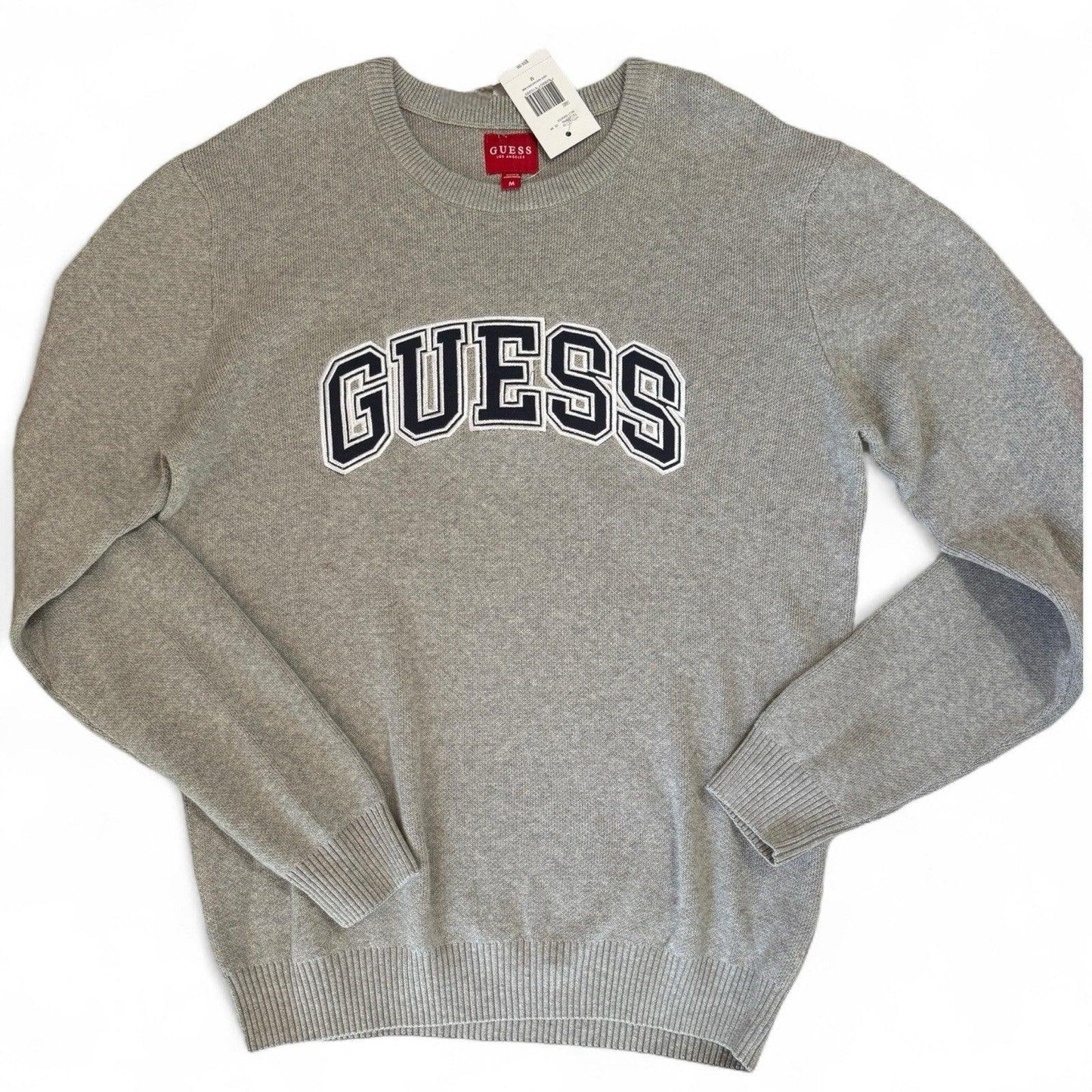 Guess Men’s Cotton Sweater – Gray with Navy Logo, Medium - Trendiez U ♥