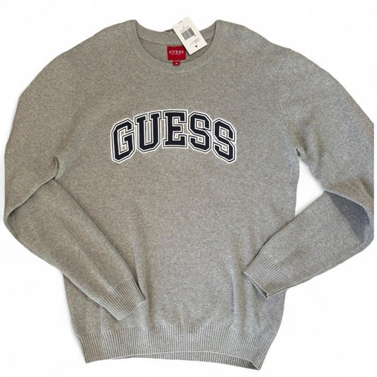 Guess Men’s Cotton Sweater – Gray with Navy Logo, Medium - Trendiez U ♥
