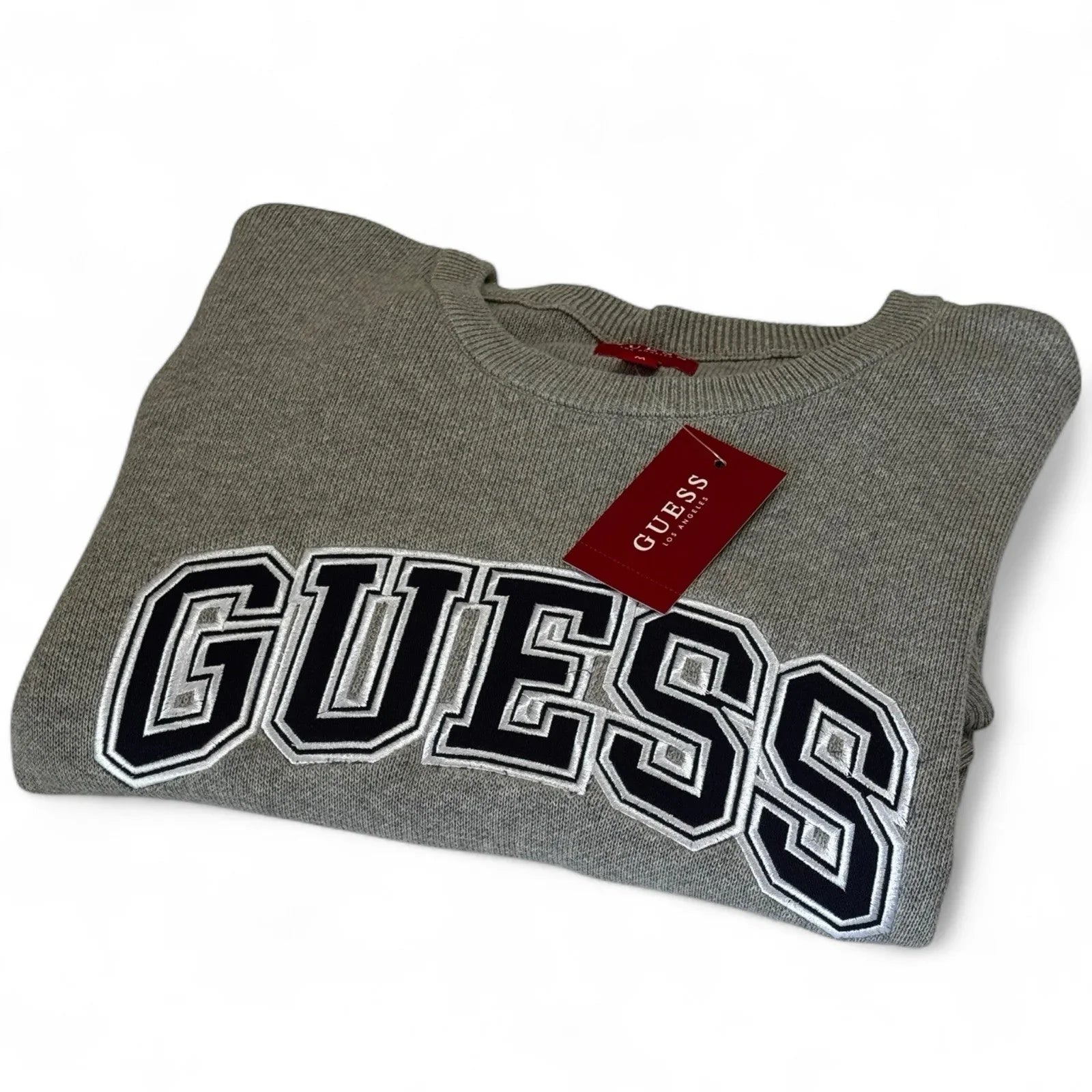 Guess Men’s Cotton Sweater – Gray with Navy Logo, Medium - Trendiez U ♥