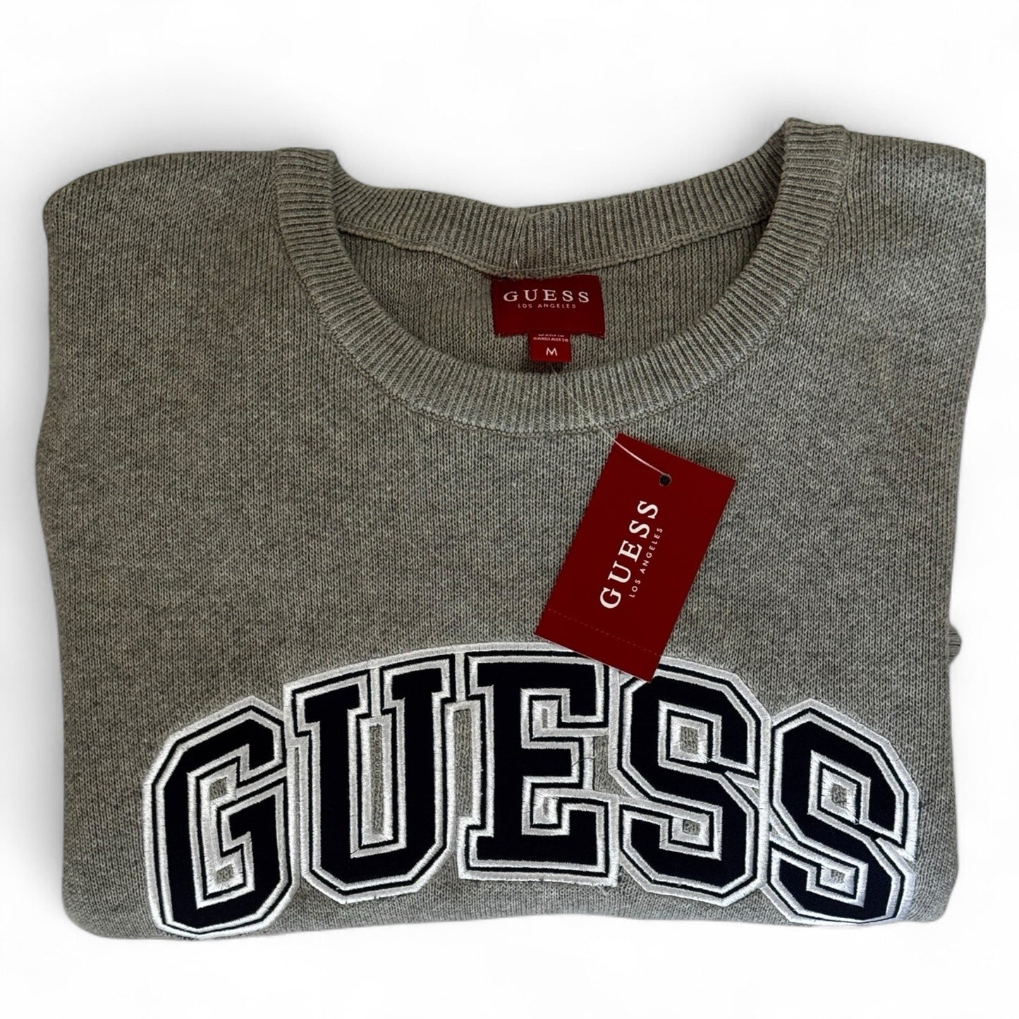 Guess Men’s Cotton Sweater – Gray with Navy Logo, Medium - Trendiez U ♥