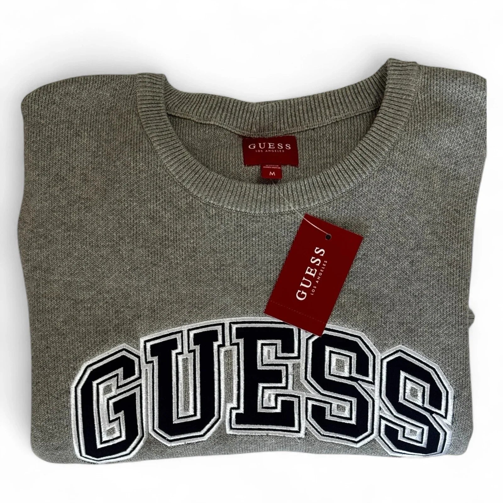 Guess Men’s Cotton Sweater – Gray with Navy Logo, Medium - Trendiez U ♥