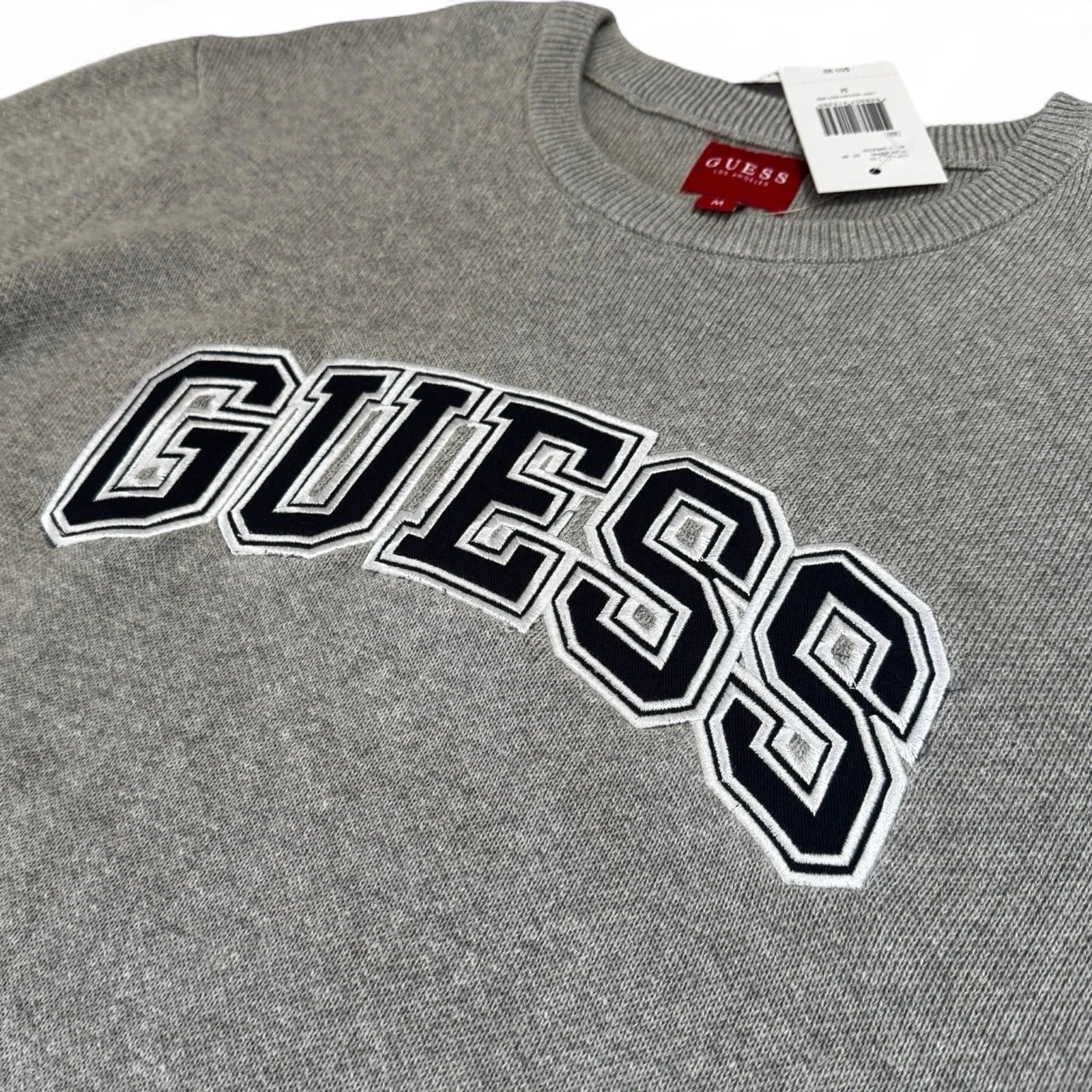 Guess Men’s Cotton Sweater – Gray with Navy Logo, Medium - Trendiez U ♥
