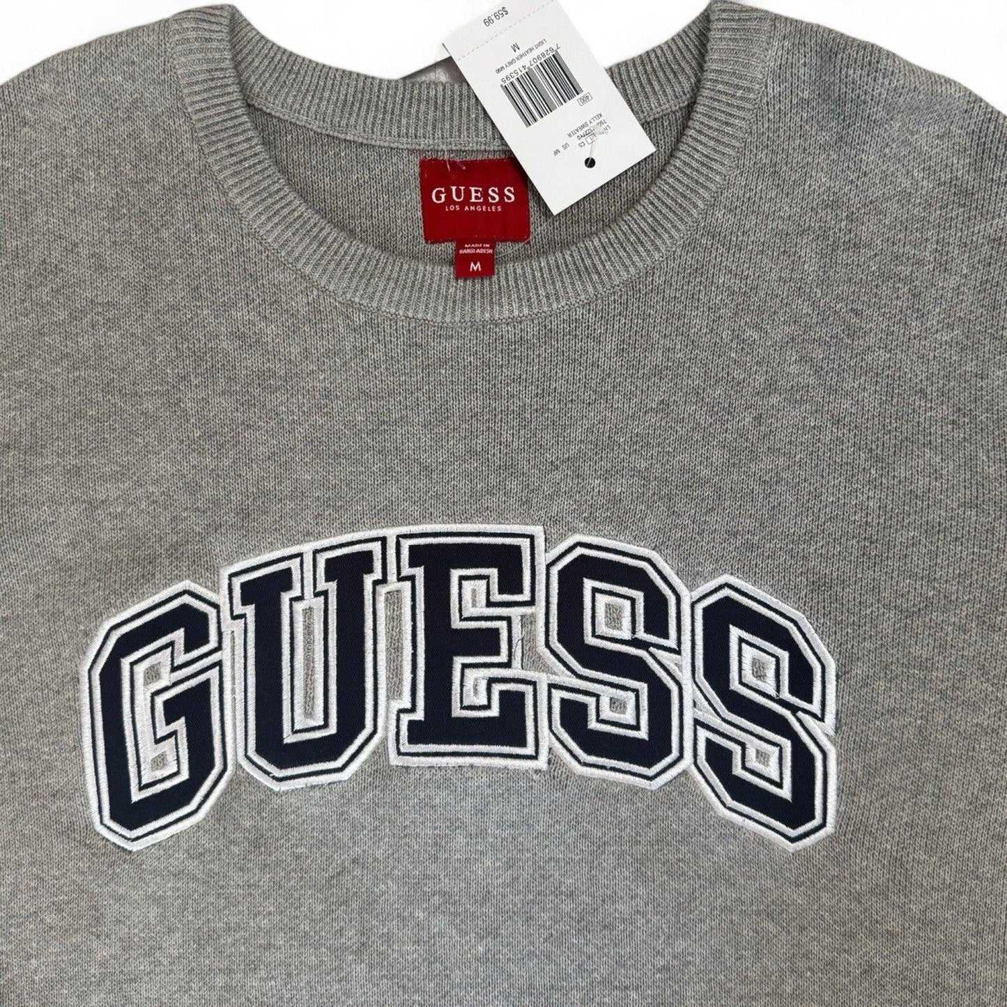 Guess Men’s Cotton Sweater – Gray with Navy Logo, Medium - Trendiez U ♥