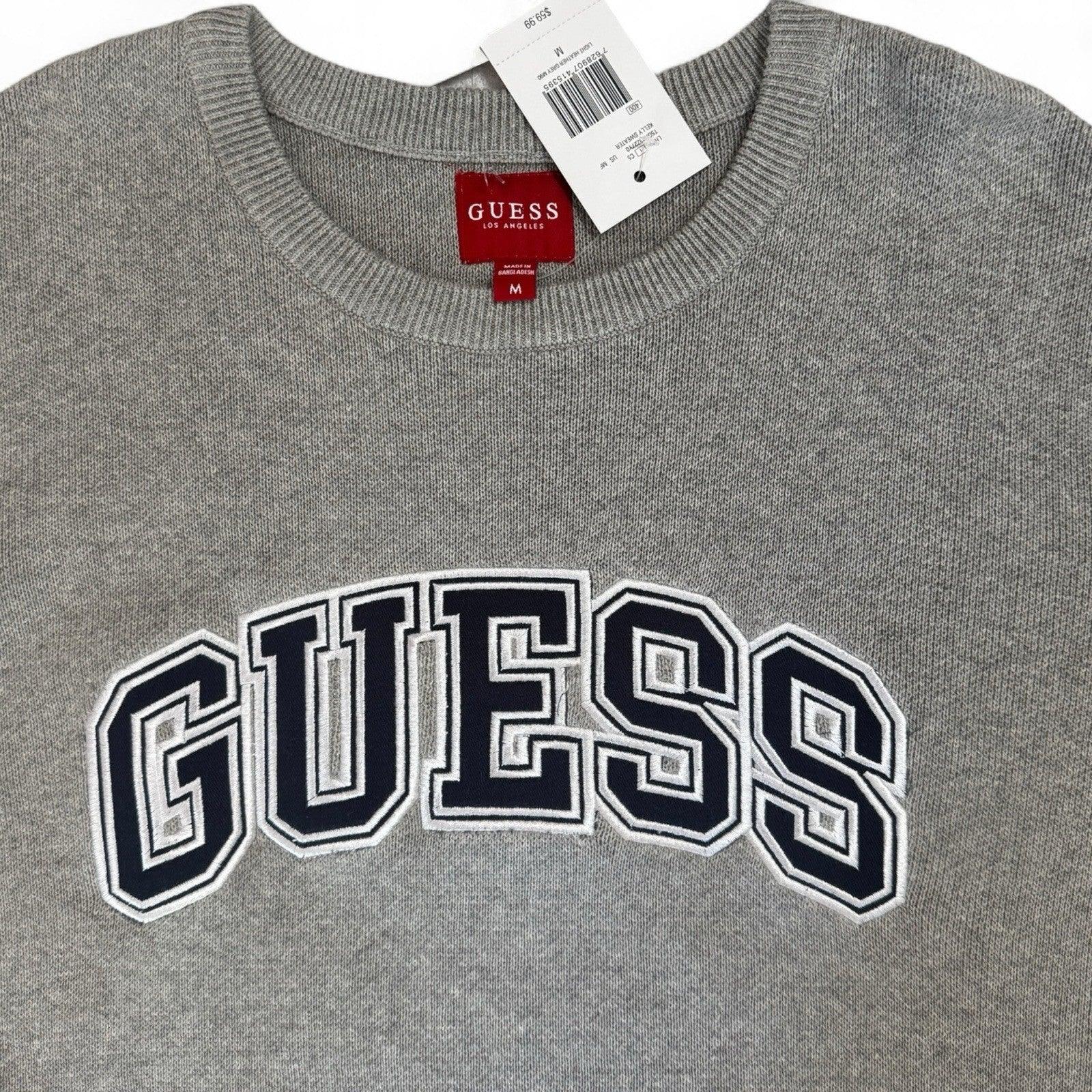 Guess Men’s Cotton Sweater – Gray with Navy Logo, Medium - Trendiez U ♥