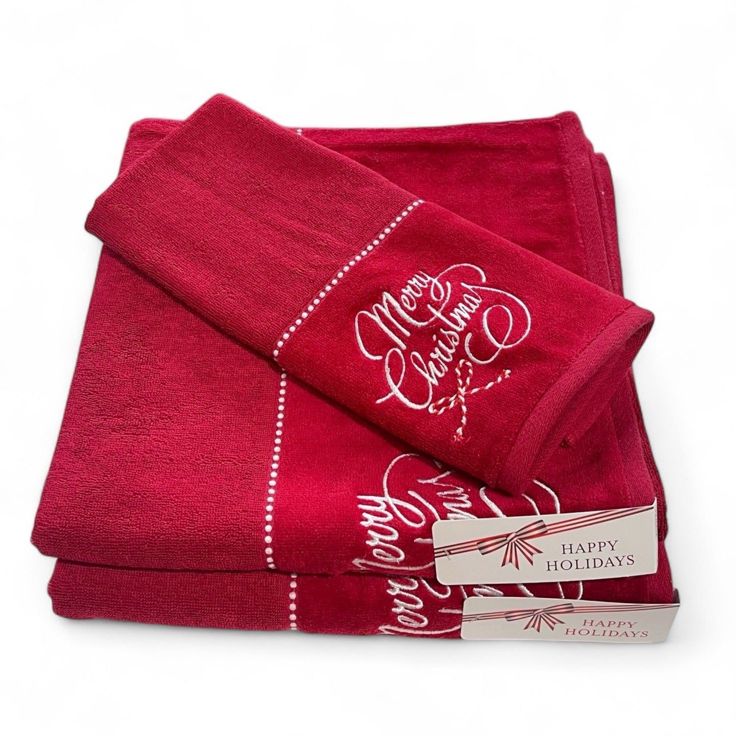 Happy Holidays Christmas 3pc Bath Towel Set Embroidered Cotton Vintage-Inspired - Trendiez U ♥