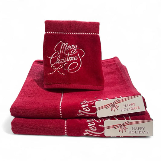 Happy Holidays Christmas 3pc Bath Towel Set Embroidered Cotton Vintage-Inspired - Trendiez U ♥