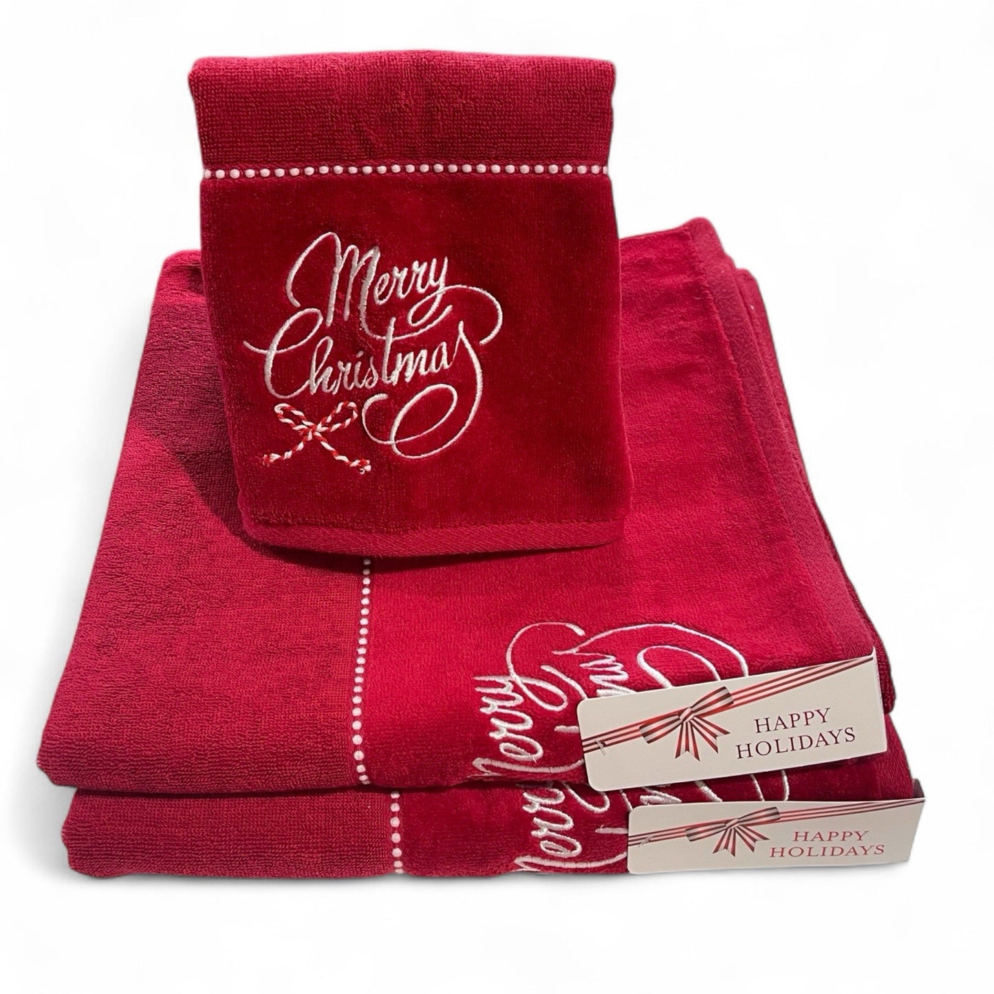 Happy Holidays Christmas 3pc Bath Towel Set Embroidered Cotton Vintage-Inspired - Trendiez U ♥