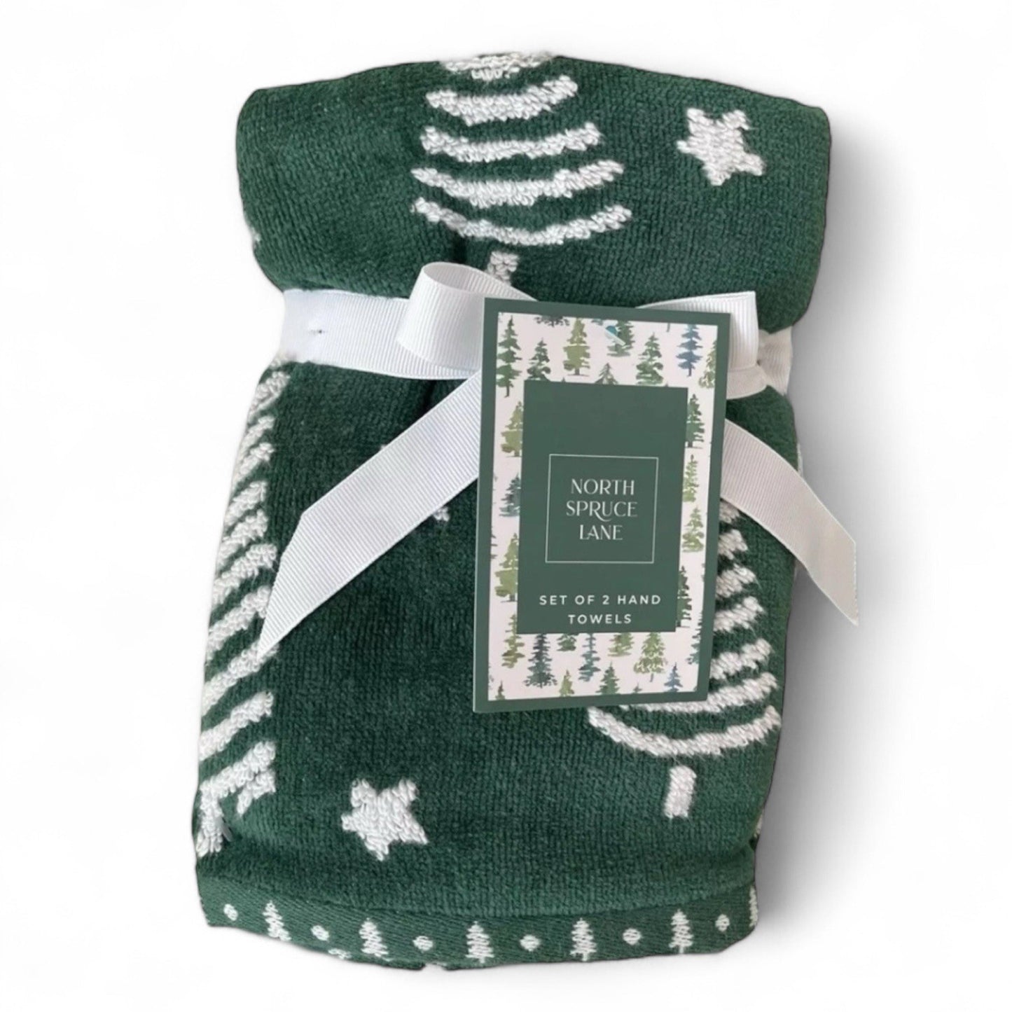 HTF Christmas Towel Set 4pc Green/White Embroidered North Spruce Lane Cotton - Trendiez U ♥