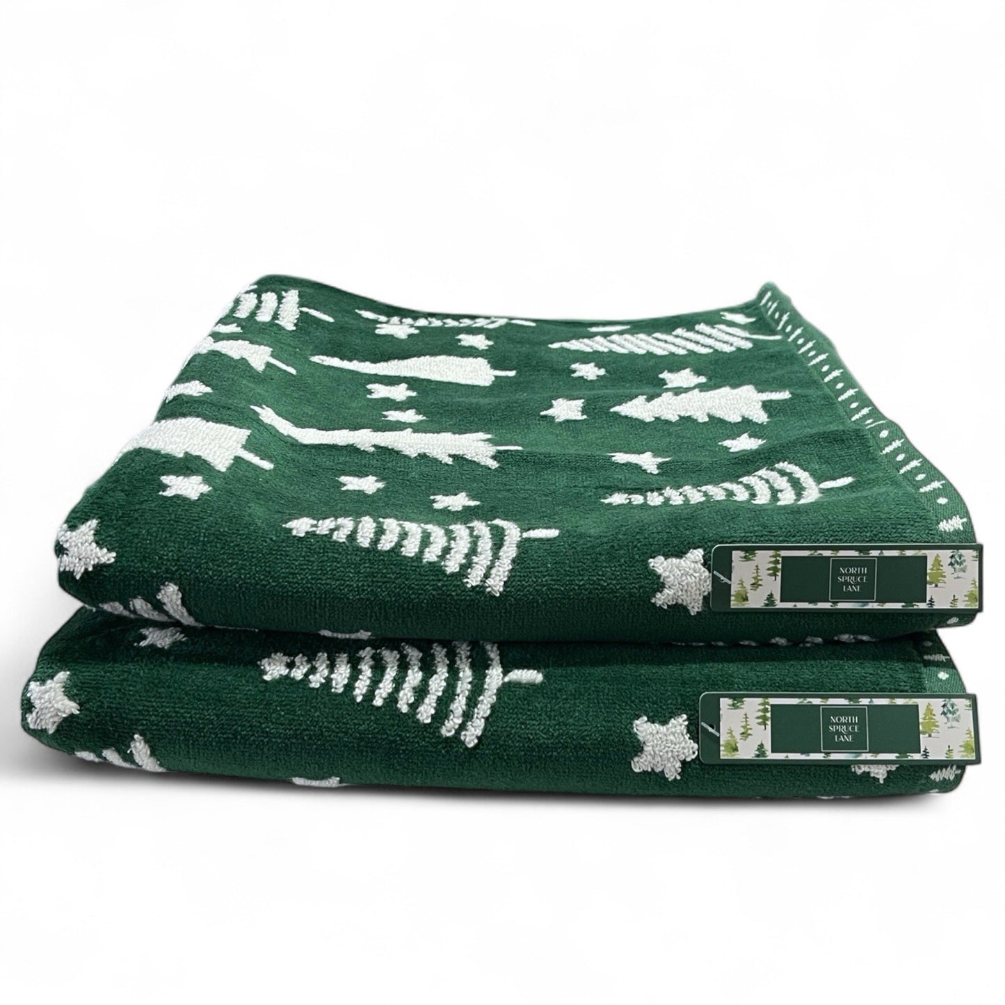 HTF Christmas Towel Set 4pc Green/White Embroidered North Spruce Lane Cotton - Trendiez U ♥