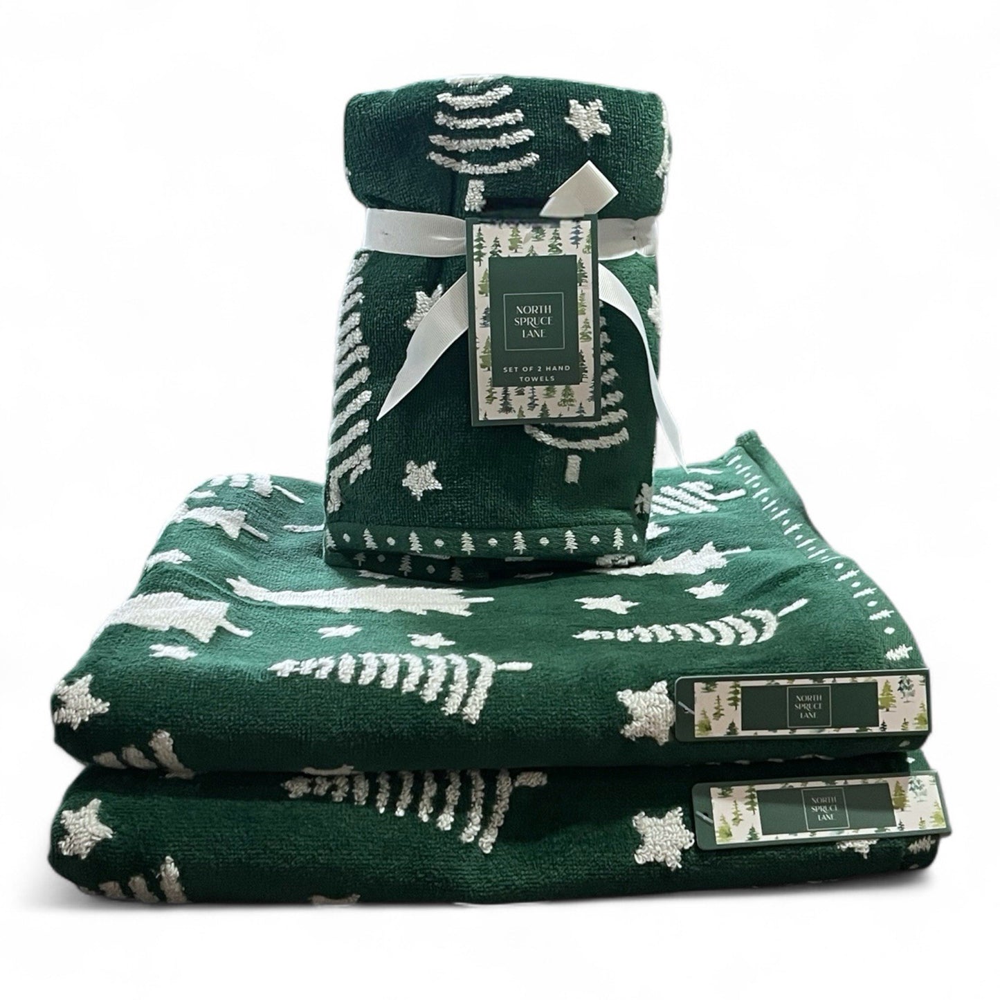 HTF Christmas Towel Set 4pc Green/White Embroidered North Spruce Lane Cotton - Trendiez U ♥