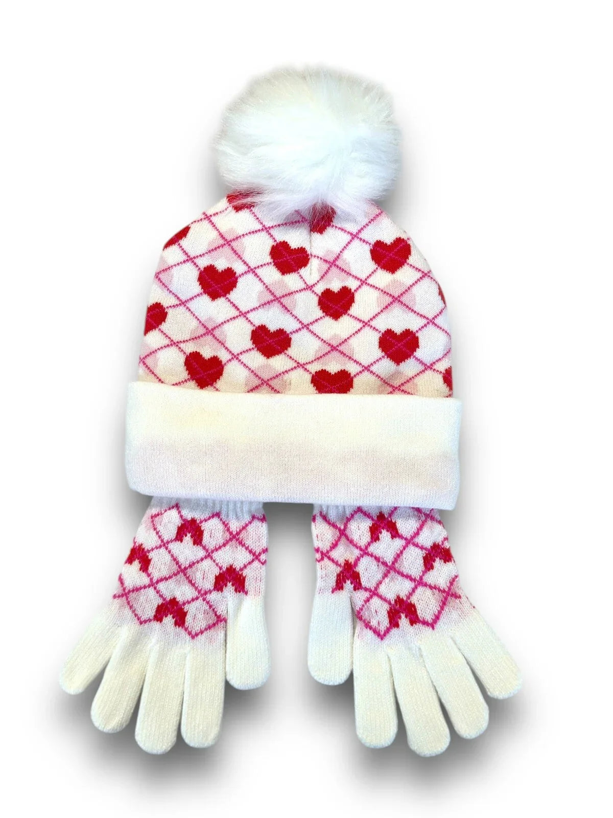 JUICY COUTURE Women’s Kids BEANIE HAT GLOVES SET WHITE RED PINK W HEARTS - Trendiez U ♥
