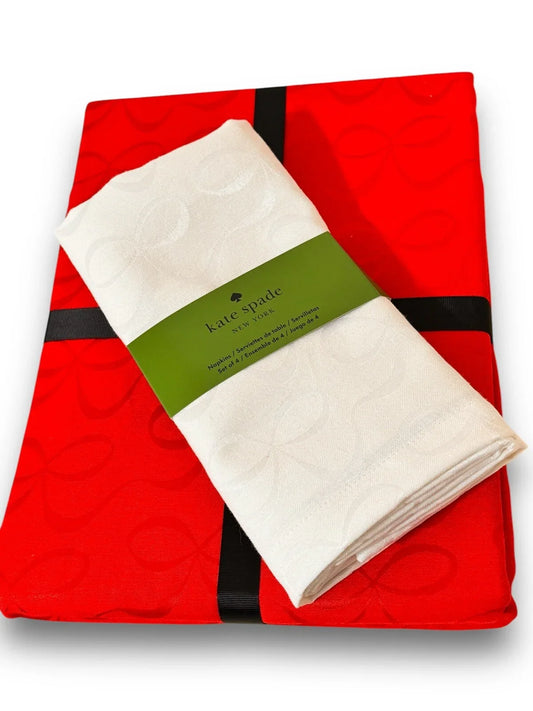 Kate Spade Tablecloth Oblong Fabric Red Bows 60" x 120" White Table Napkins - Trendiez U ♥