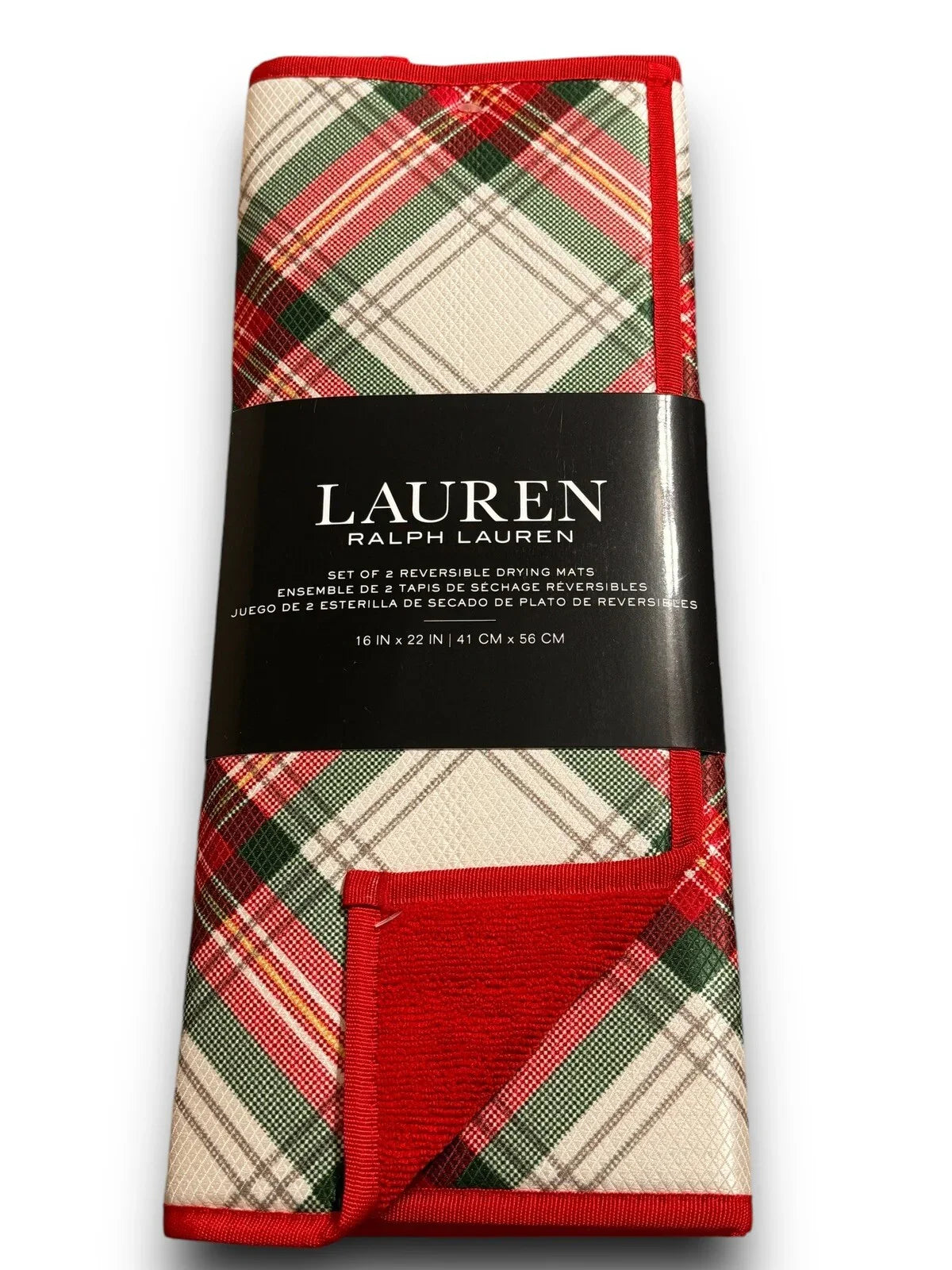 KITCHEN DISH DRYING MATS (2) PLAID CHRISTMAS RED REVERSIBLE 16 X 22 RALPH LAUREN - Trendiez U ♥