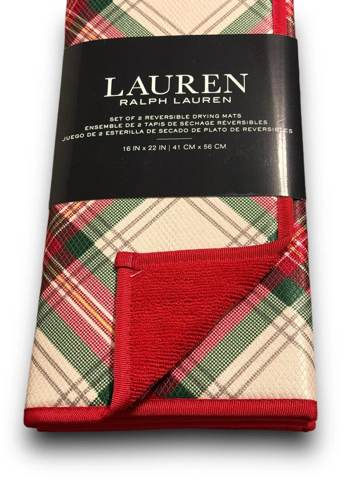 KITCHEN DISH DRYING MATS (2) PLAID CHRISTMAS RED REVERSIBLE 16 X 22 RALPH LAUREN - Trendiez U ♥