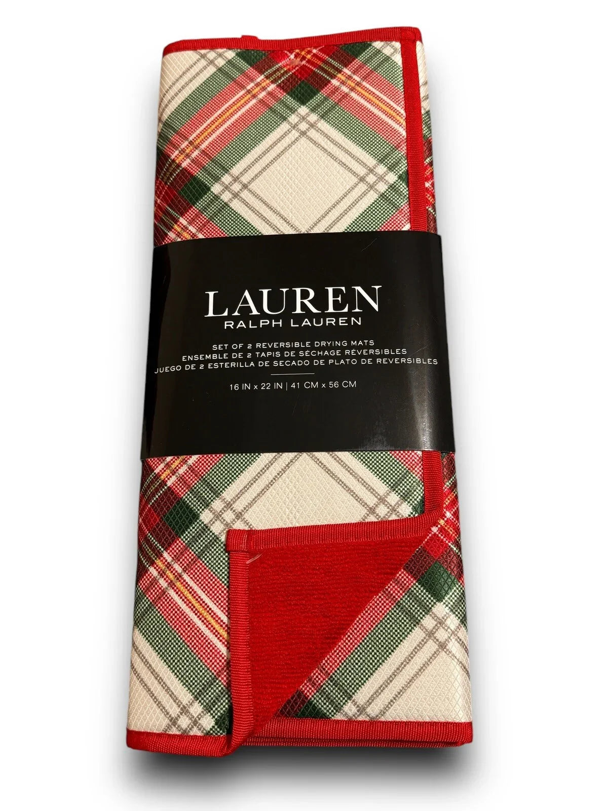 KITCHEN DISH DRYING MATS (2) PLAID CHRISTMAS RED REVERSIBLE 16 X 22 RALPH LAUREN - Trendiez U ♥
