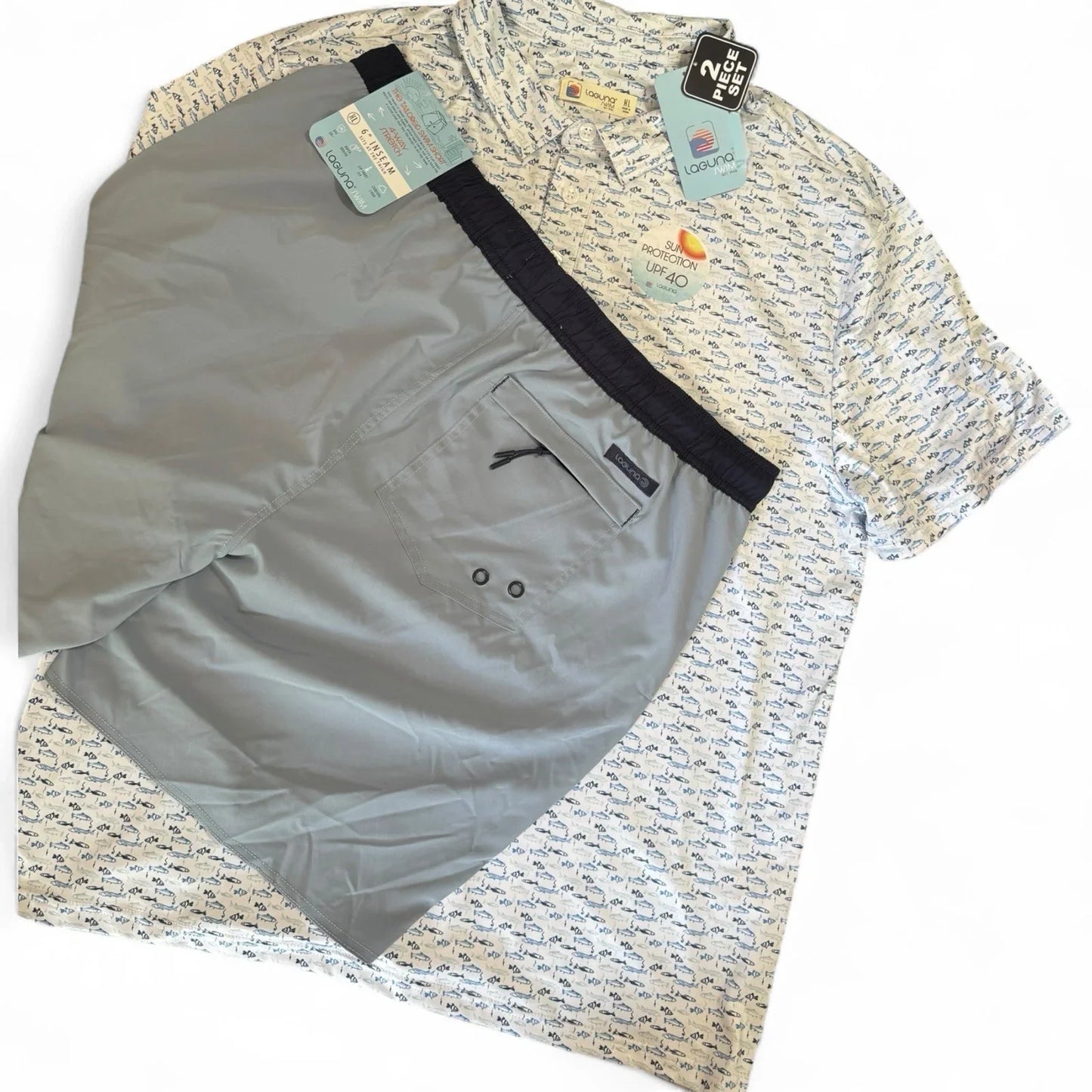 Laguna Men’s Activewear Set – Swim Shorts & Polo, Fish Print XL - Trendiez U ♥