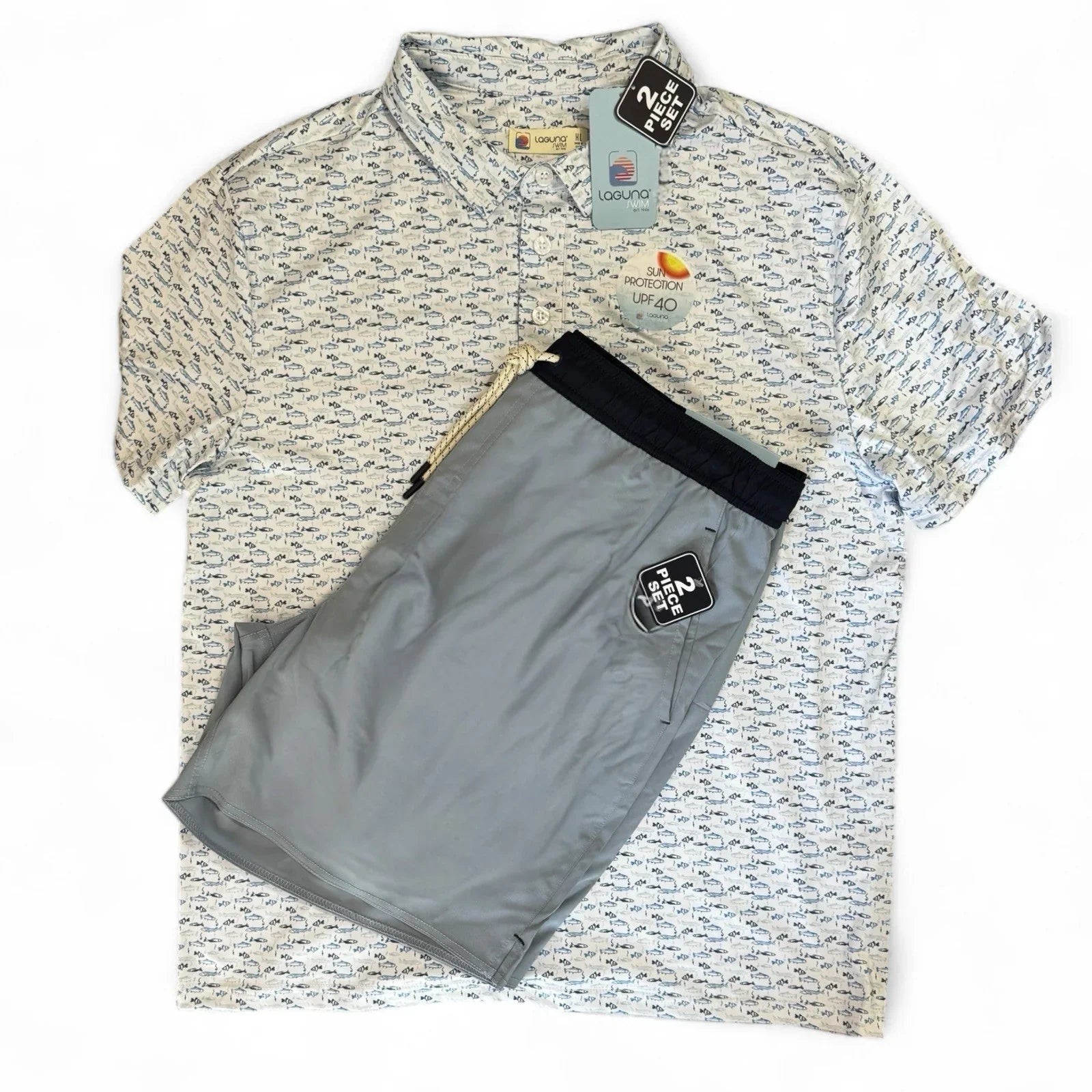 Laguna Men’s Activewear Set – Swim Shorts & Polo, Fish Print XL - Trendiez U ♥