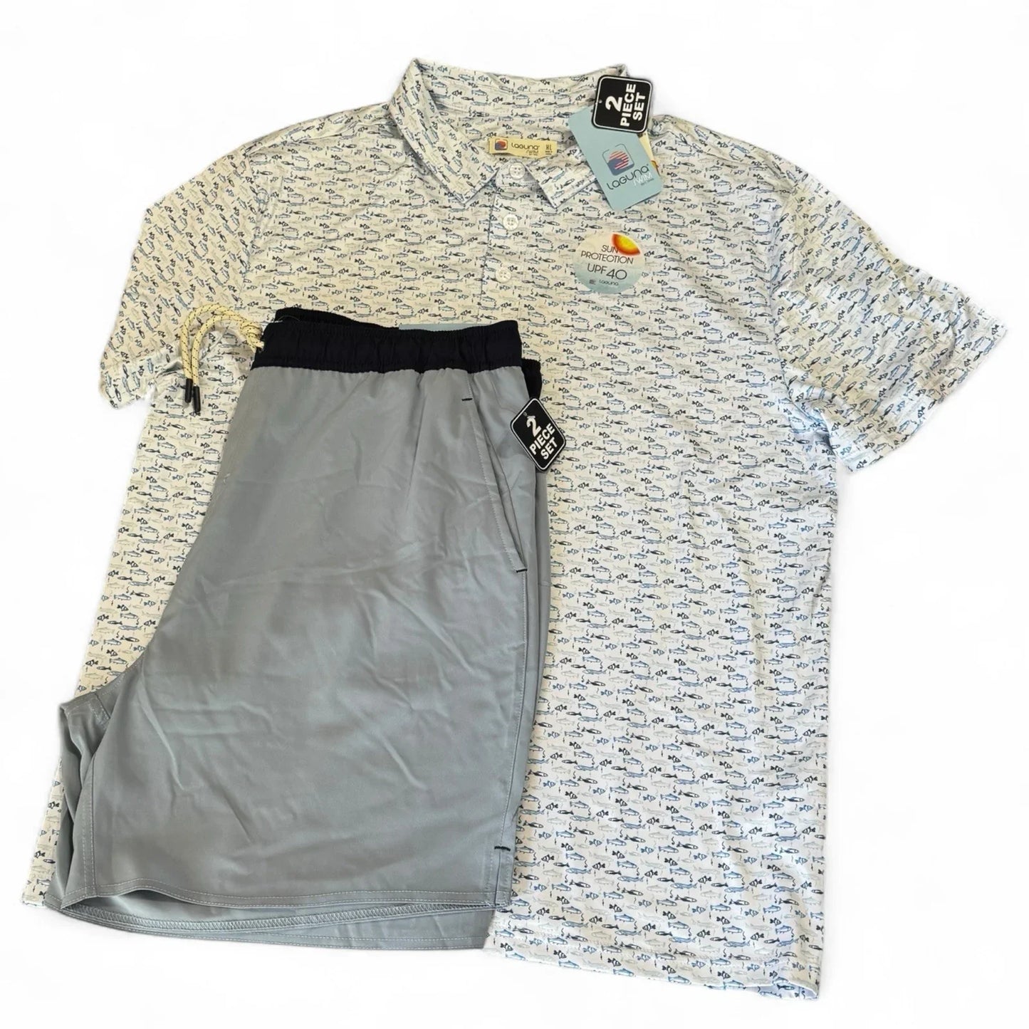 Laguna Men’s Activewear Set – Swim Shorts & Polo, Fish Print XL - Trendiez U ♥