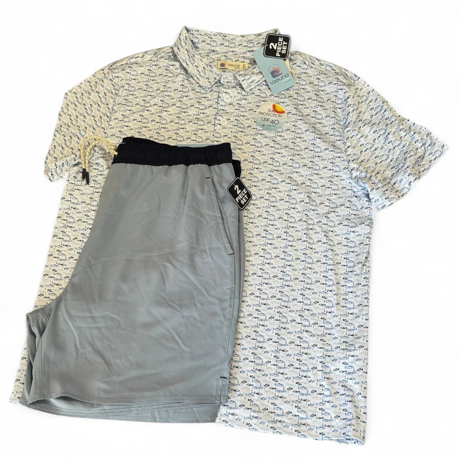 Laguna Men’s Activewear Set – Swim Shorts & Polo, Fish Print XL - Trendiez U ♥