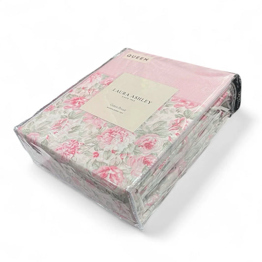 Laura Ashley Aveline Queen Sheet Set - Pink Floral, Sage Green Farmhouse Style - Trendiez U ♥
