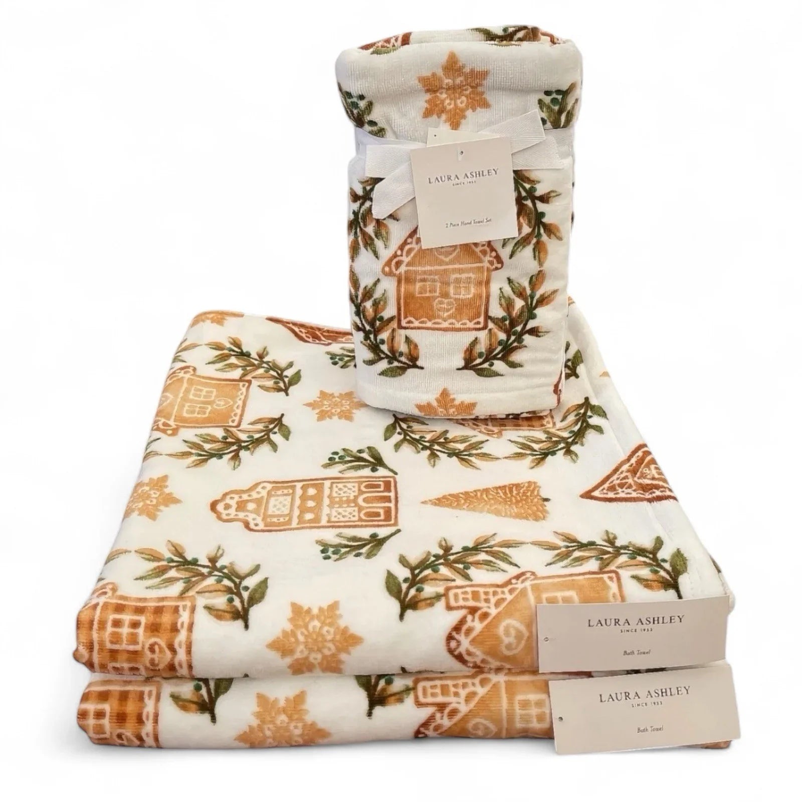 Laura Ashley Bath Towel Set of 4 Gingerbread House Cotton Velour SUPER SOFT - Trendiez U ♥