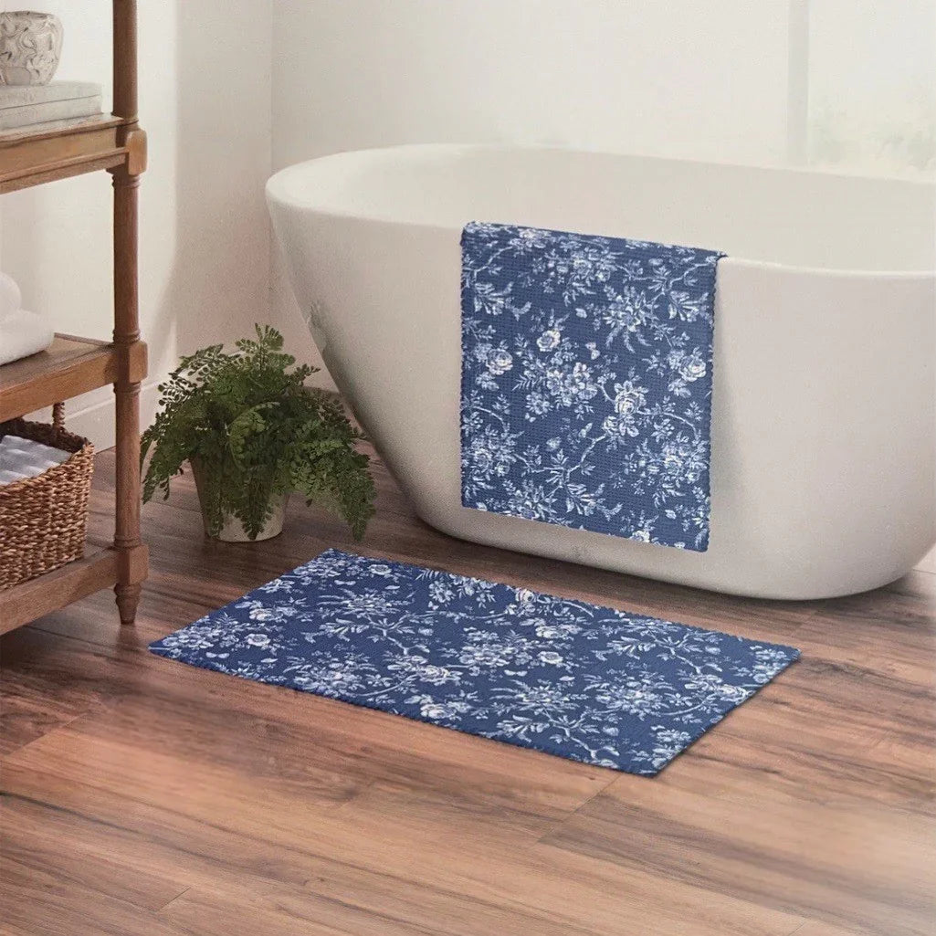 Laura Ashley Blue Floral Bath Rug Set of 2 Farmhouse Shabby Chic Anti-Slip - Trendiez U ♥