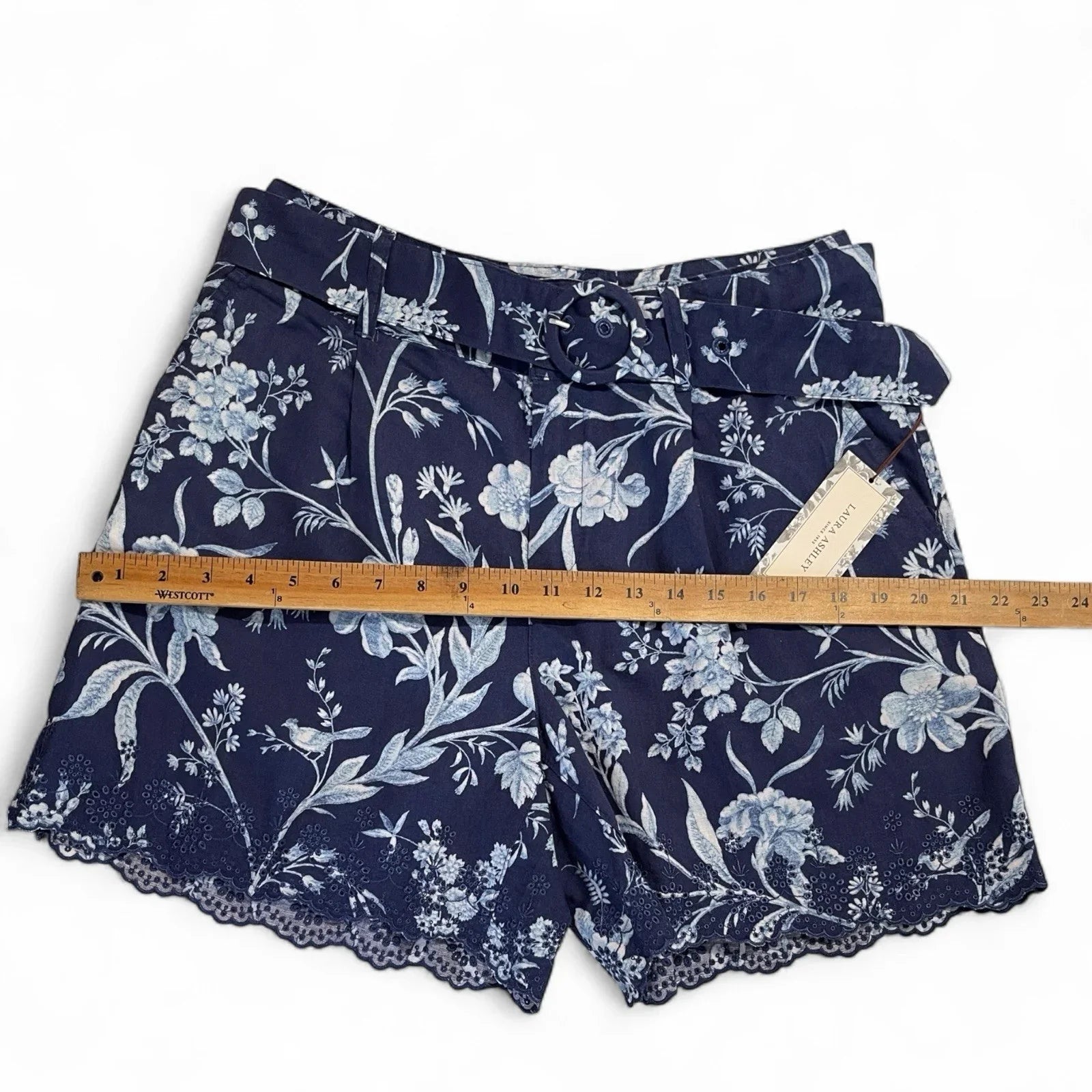 Laura Ashley Women’s High-Waist Linen Shorts – Blue/White Floral - Trendiez U ♥